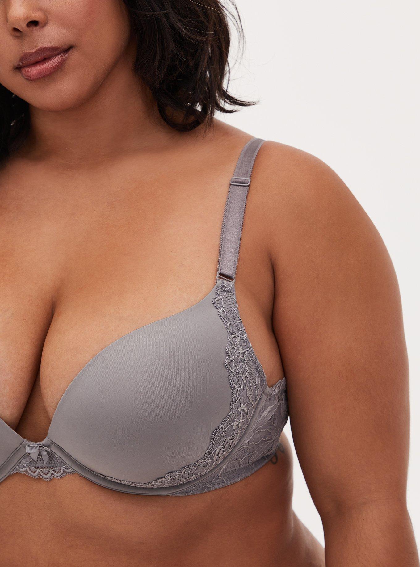 Plus Size - Silver Microfiber & Lace Strappy Back Push-Up Plunge