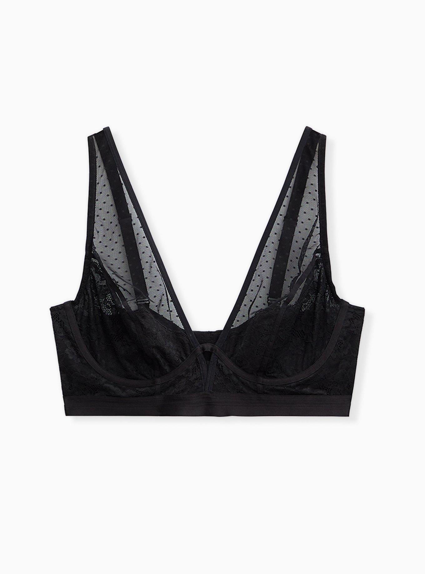 Black Swiss Dot Mesh & Lace Unlined Bralette , , hi-res