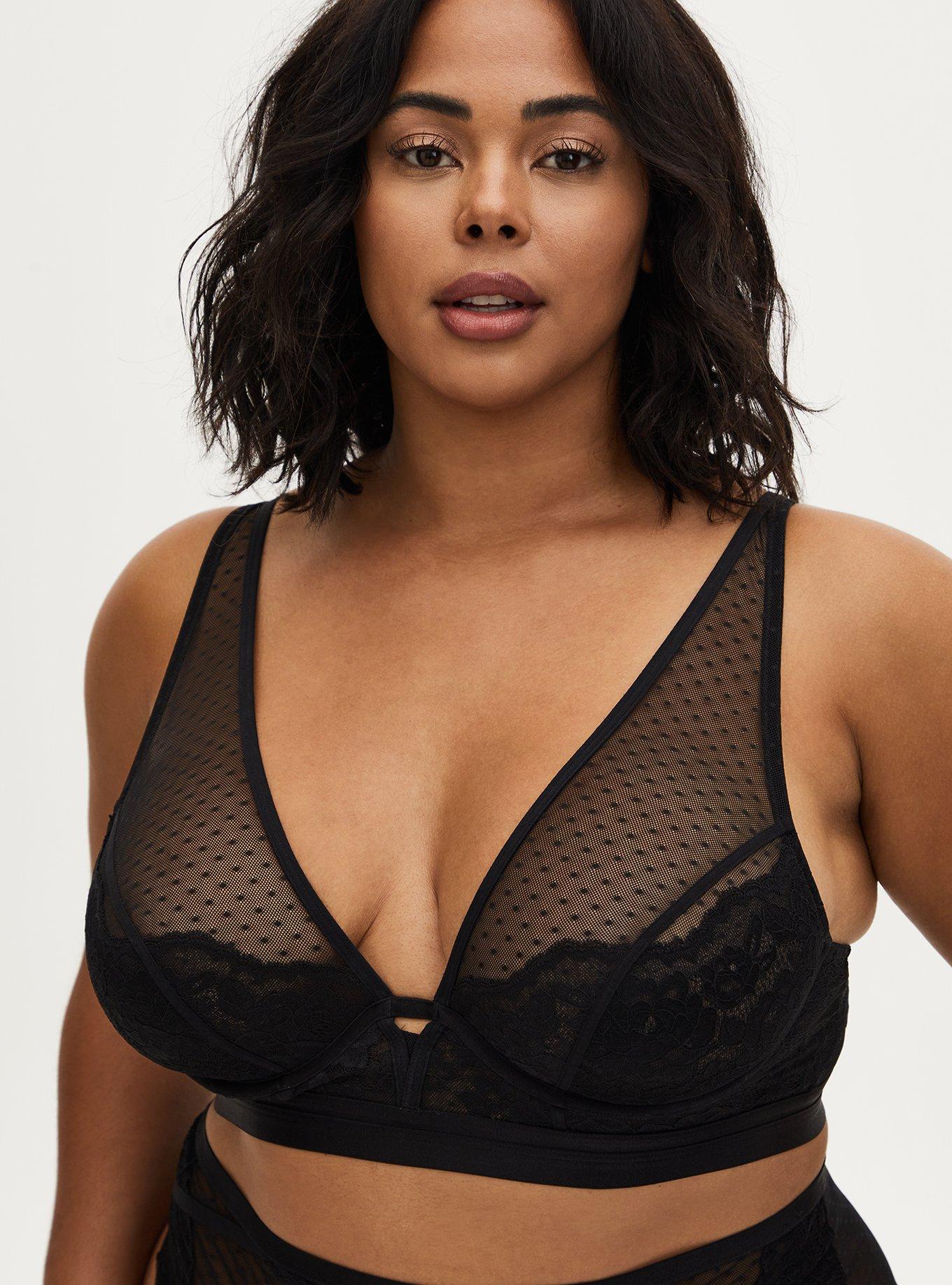 Black Swiss Dot Mesh & Lace Unlined Bralette , , hi-res