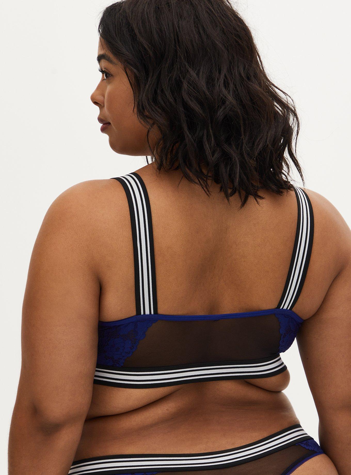 Black Mesh & Sapphire Blue Lace Stripe Trim Unlined Bralette , DEEP WATERS BLUE, alternate