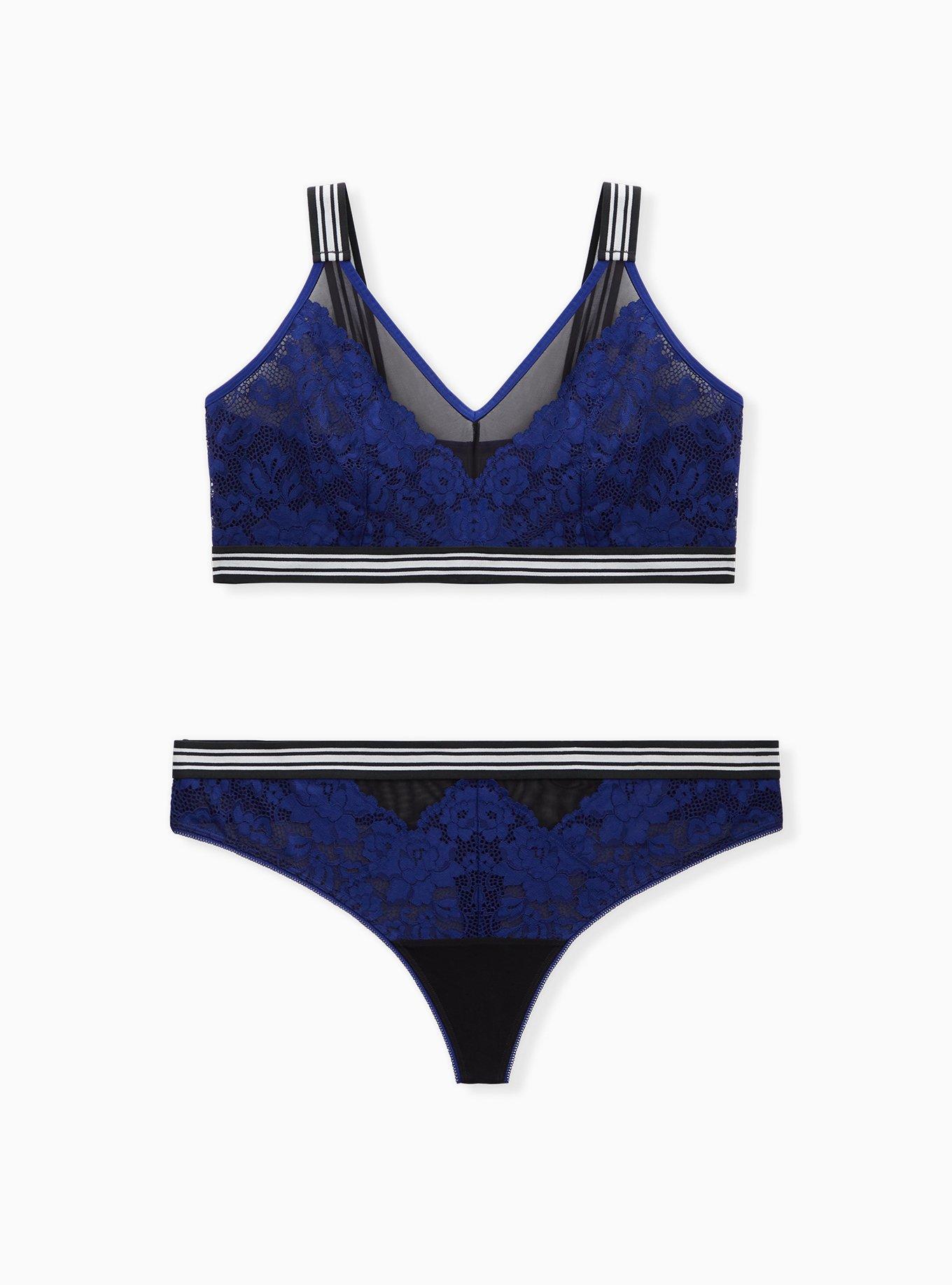 Black Mesh & Sapphire Blue Lace Stripe Trim Unlined Bralette , DEEP WATERS BLUE, alternate