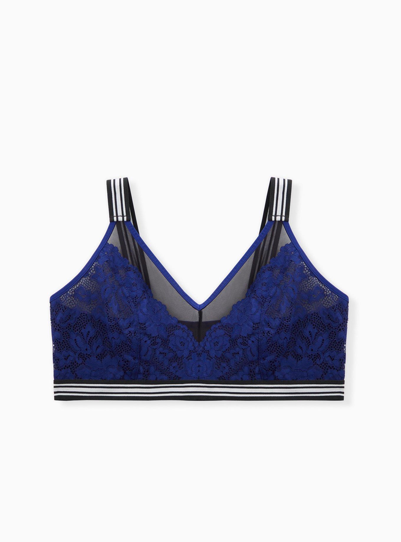 Black Mesh & Sapphire Blue Lace Stripe Trim Unlined Bralette , DEEP WATERS BLUE, hi-res