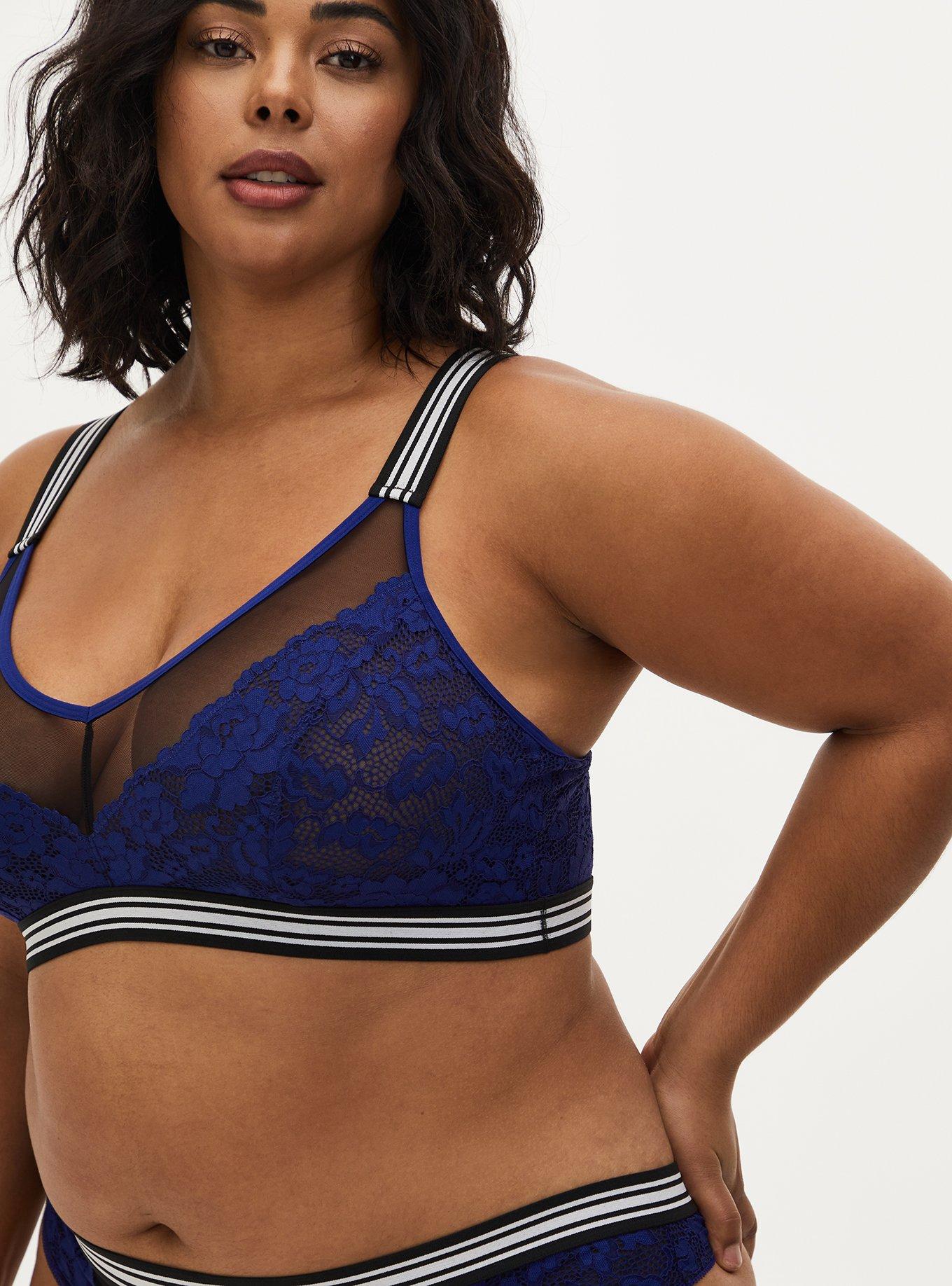 Black Mesh & Sapphire Blue Lace Stripe Trim Unlined Bralette , DEEP WATERS BLUE, hi-res