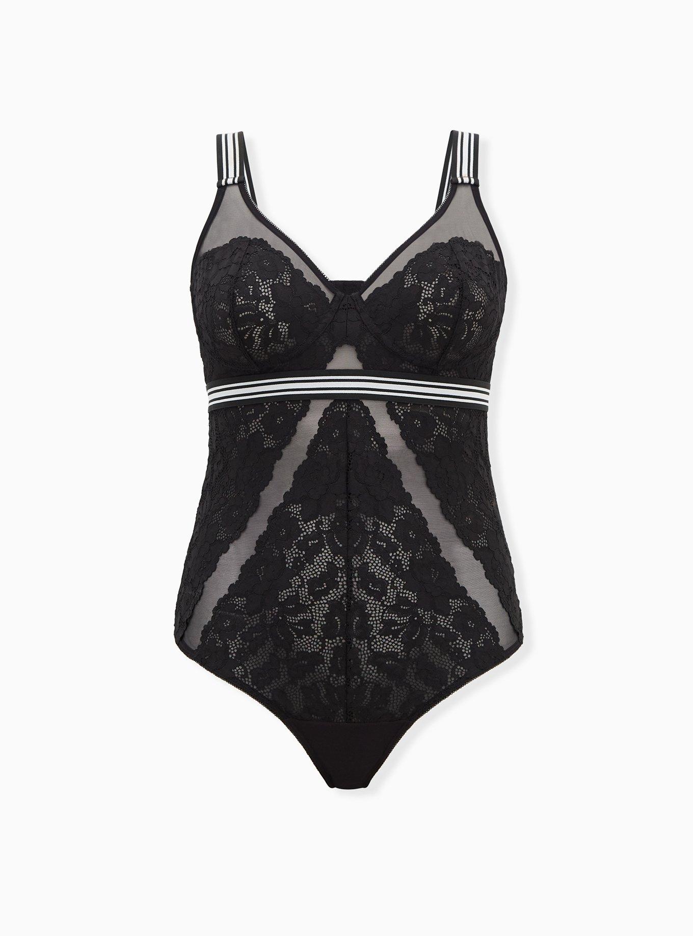 Torrid Logo Black Mesh & Lace Bodysuit, RICH BLACK, hi-res