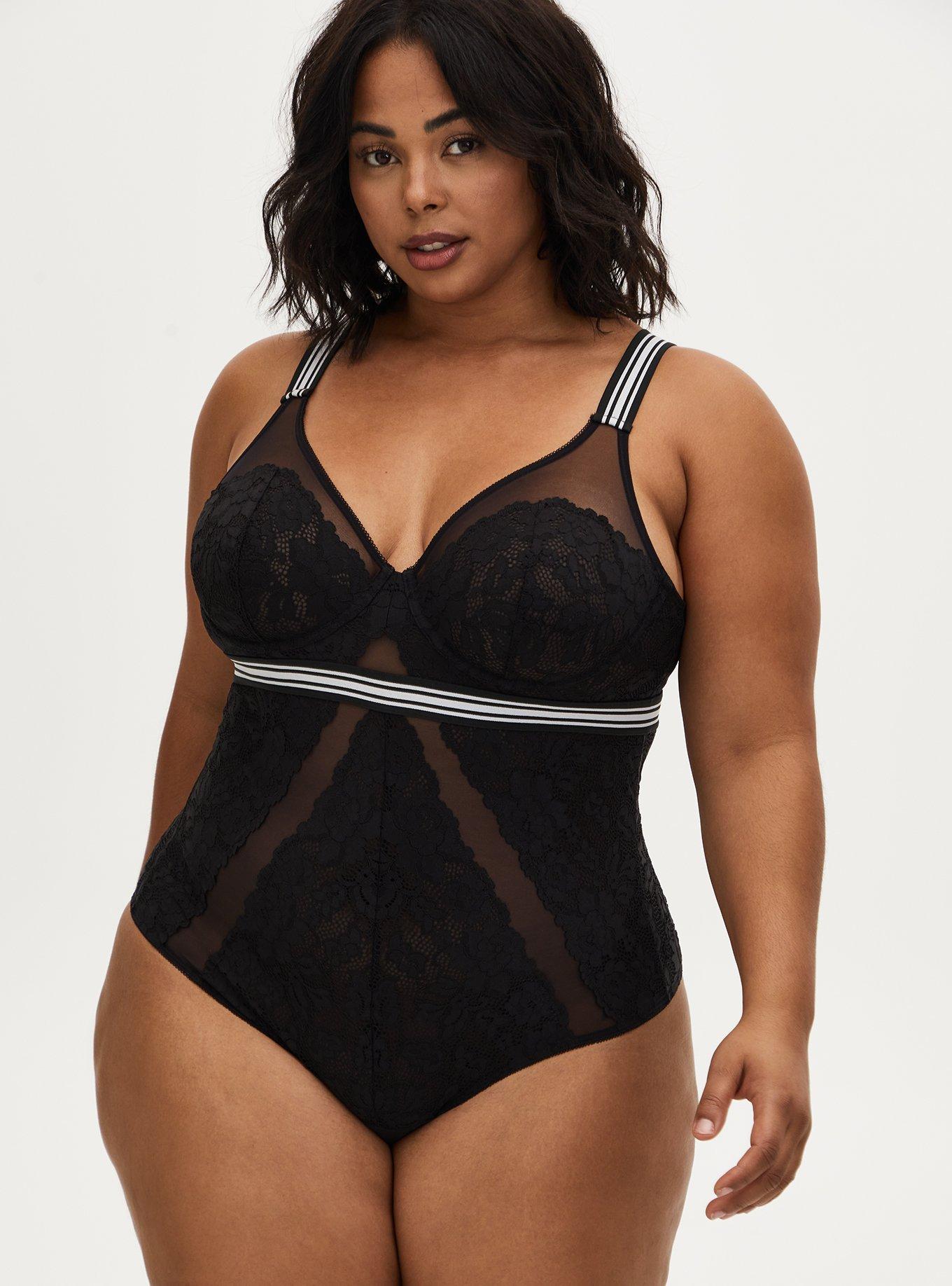 Torrid Logo Black Mesh & Lace Bodysuit, RICH BLACK, hi-res