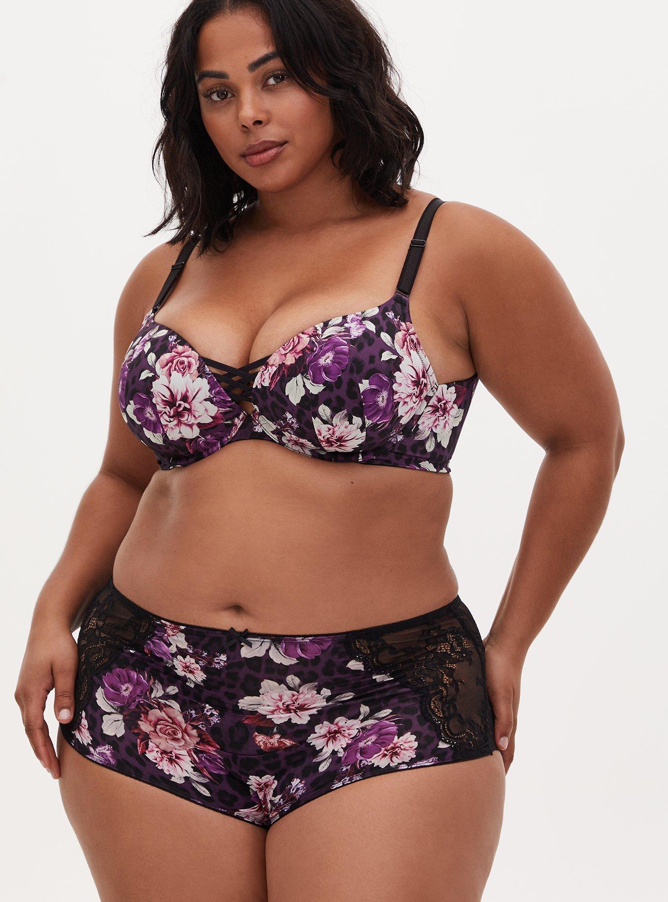 Plus Size Purple Leopard Floral Microfiber & Black Lace Back Brief Panty, , alternate
