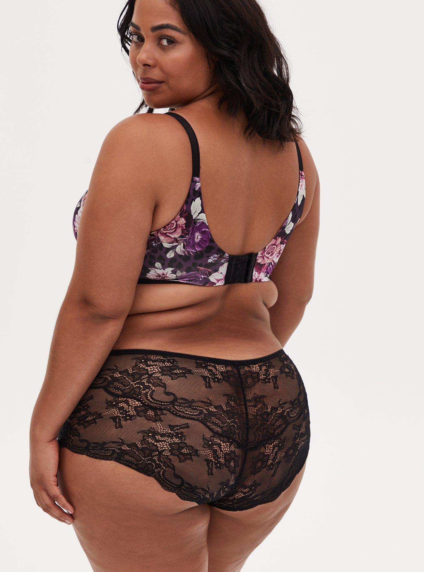 Plus Size Purple Leopard Floral Microfiber & Black Lace Back Brief Panty, , alternate
