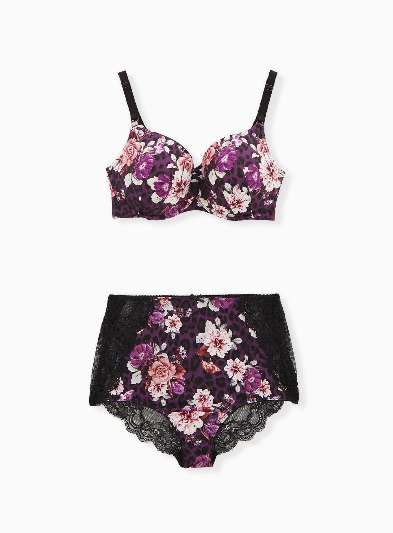 Plus Size Purple Leopard Floral Microfiber & Black Lace Back Brief Panty, , hi-res