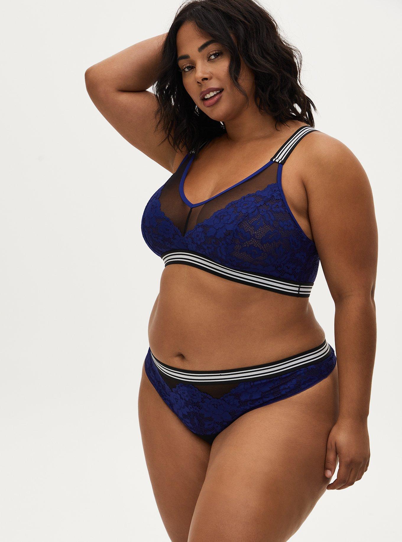Plus Size Black Mesh & Sapphire Blue Lace Stripe Trim Thong Panty, DEEP WATERS BLUE, alternate