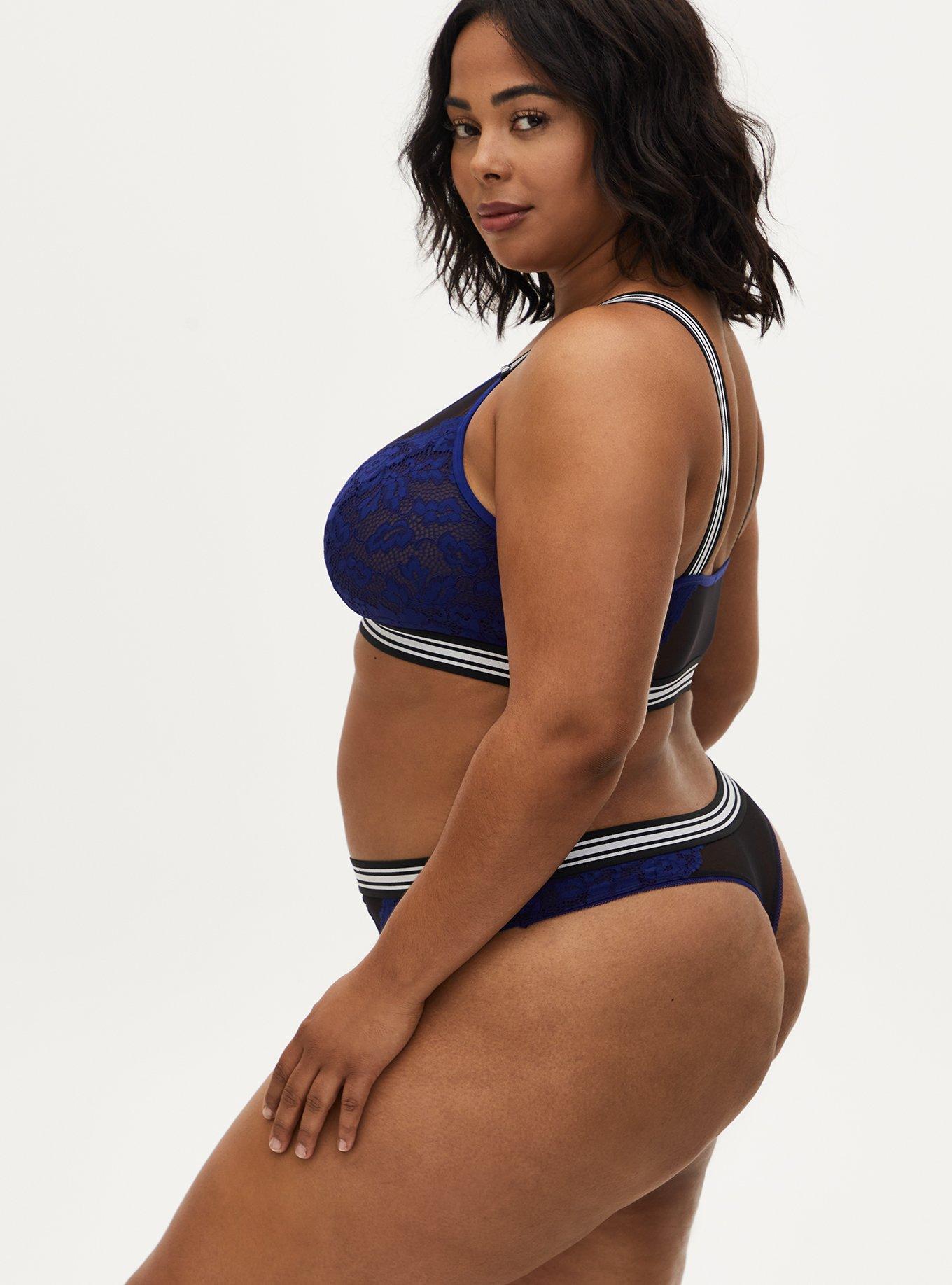 Plus Size Black Mesh & Sapphire Blue Lace Stripe Trim Thong Panty, DEEP WATERS BLUE, alternate