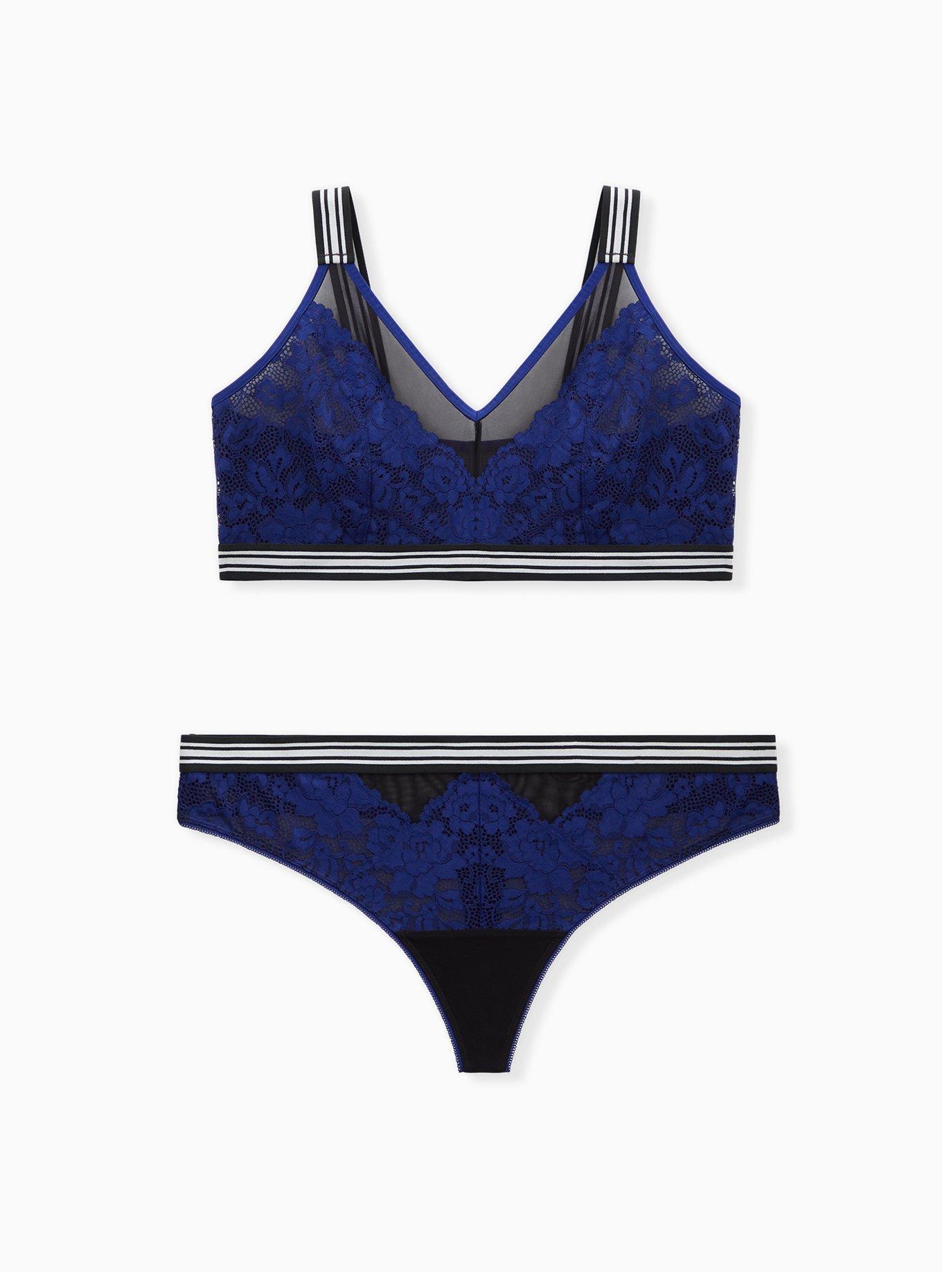 Plus Size Black Mesh & Sapphire Blue Lace Stripe Trim Thong Panty, DEEP WATERS BLUE, alternate
