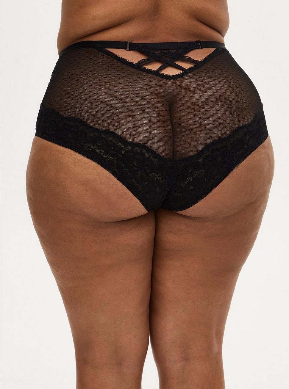 Plus Size - Dot Mesh and Lace Strappy Caged High Waist Brief Panty Black 971x1308 picture Plus Size - Dot Mesh and Lace Strappy Caged High Waist Brief Panty