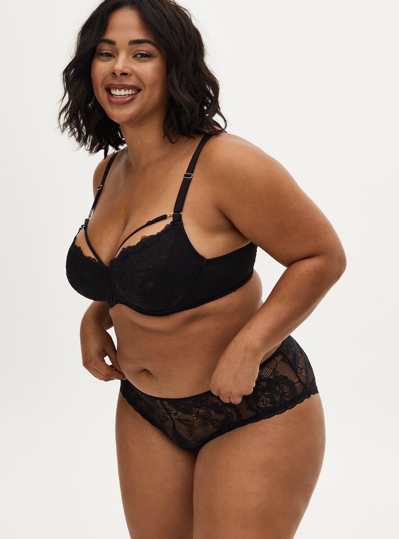 Plus Size Black Lace Strappy Unlined Demi Bra , RICH BLACK, alternate