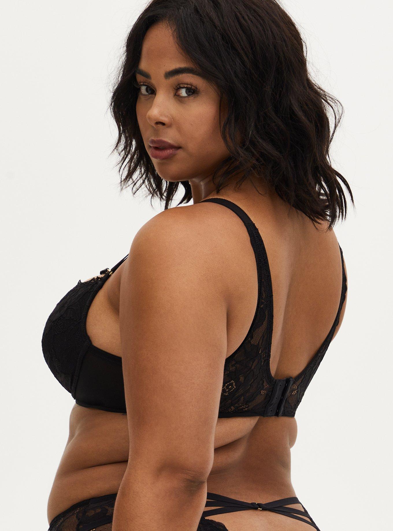 Plus Size Black Lace Strappy Unlined Demi Bra , RICH BLACK, alternate