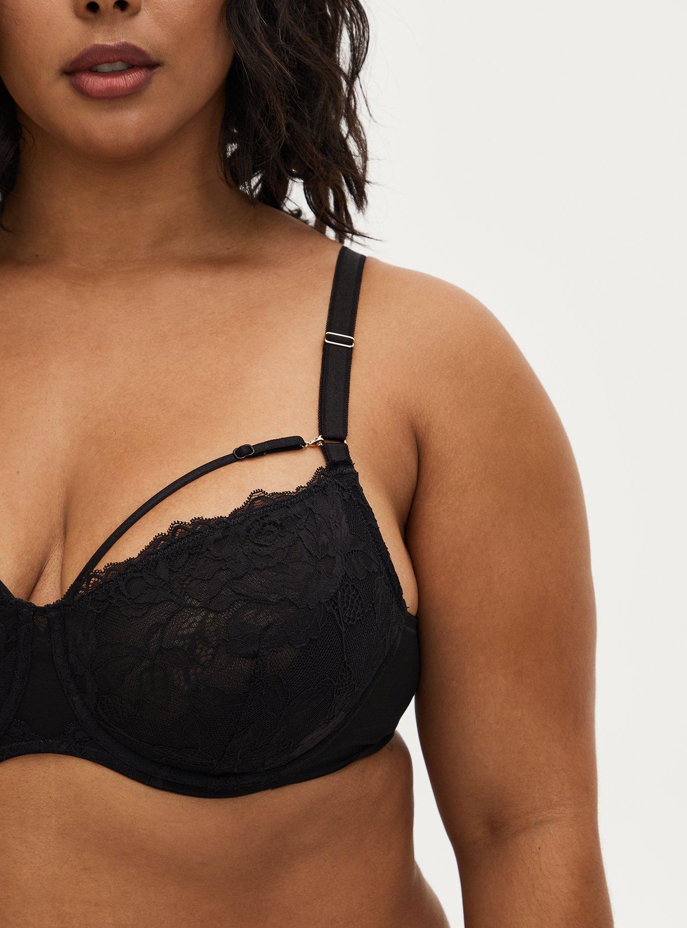 Plus Size Black Lace Strappy Unlined Demi Bra , RICH BLACK, alternate