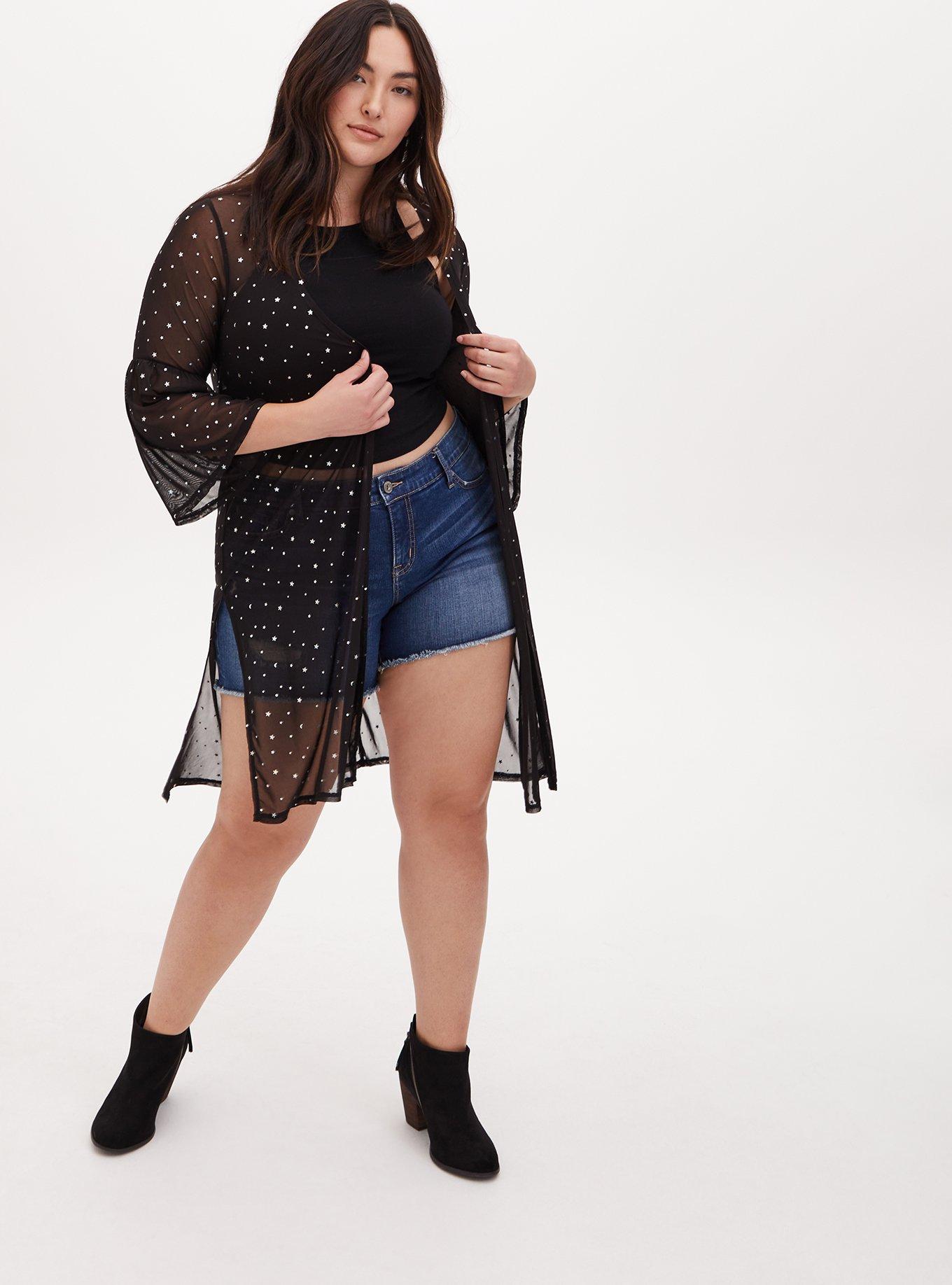 Plus Size Black Mesh & Iridescent Star Bell Sleeve Longline Kimono