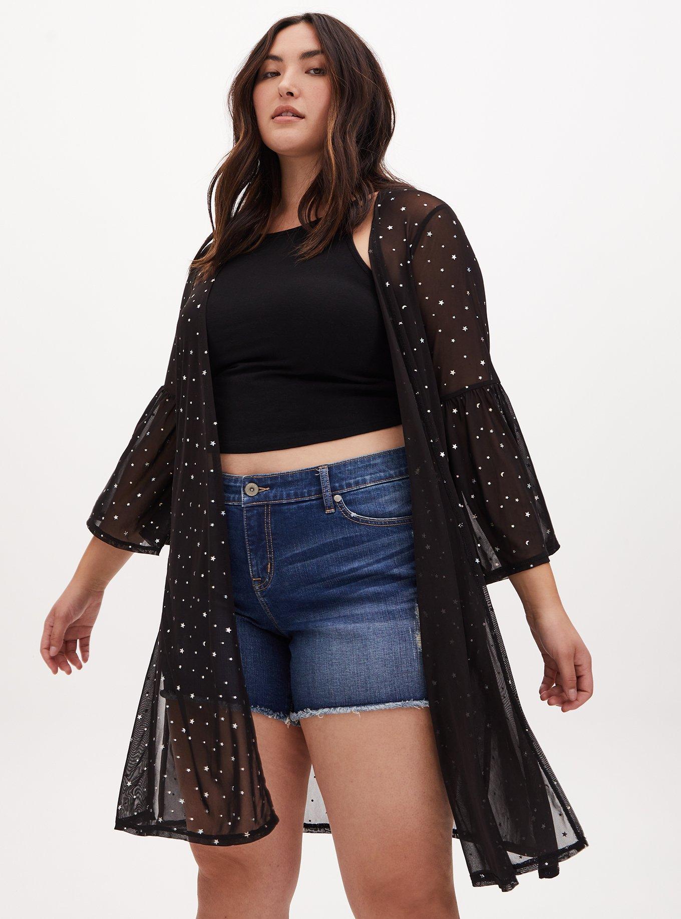 Plus Size Black Mesh Iridescent Star Bell Sleeve Longline Kimono Torrid