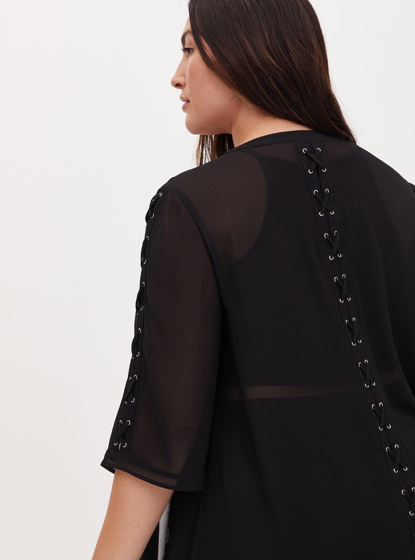 Black Chiffon Lace-Up Hi-Lo Duster Kimono, DEEP BLACK, alternate