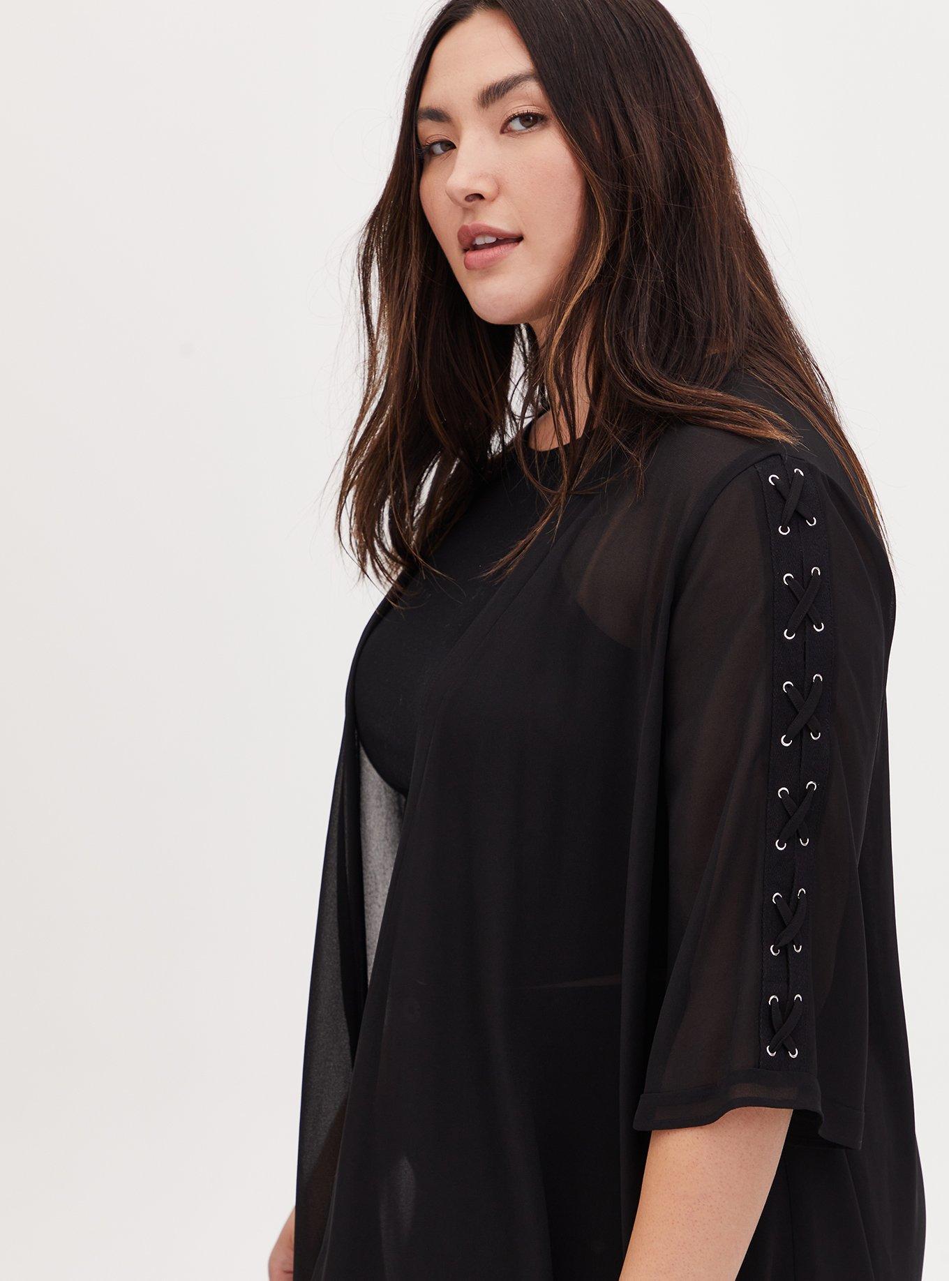Black Chiffon Lace-Up Hi-Lo Duster Kimono, DEEP BLACK, alternate
