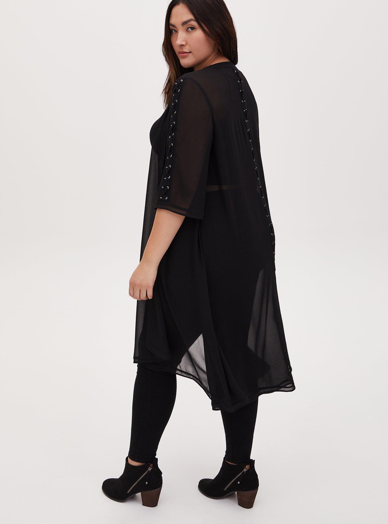 Black Chiffon Lace-Up Hi-Lo Duster Kimono, DEEP BLACK, alternate