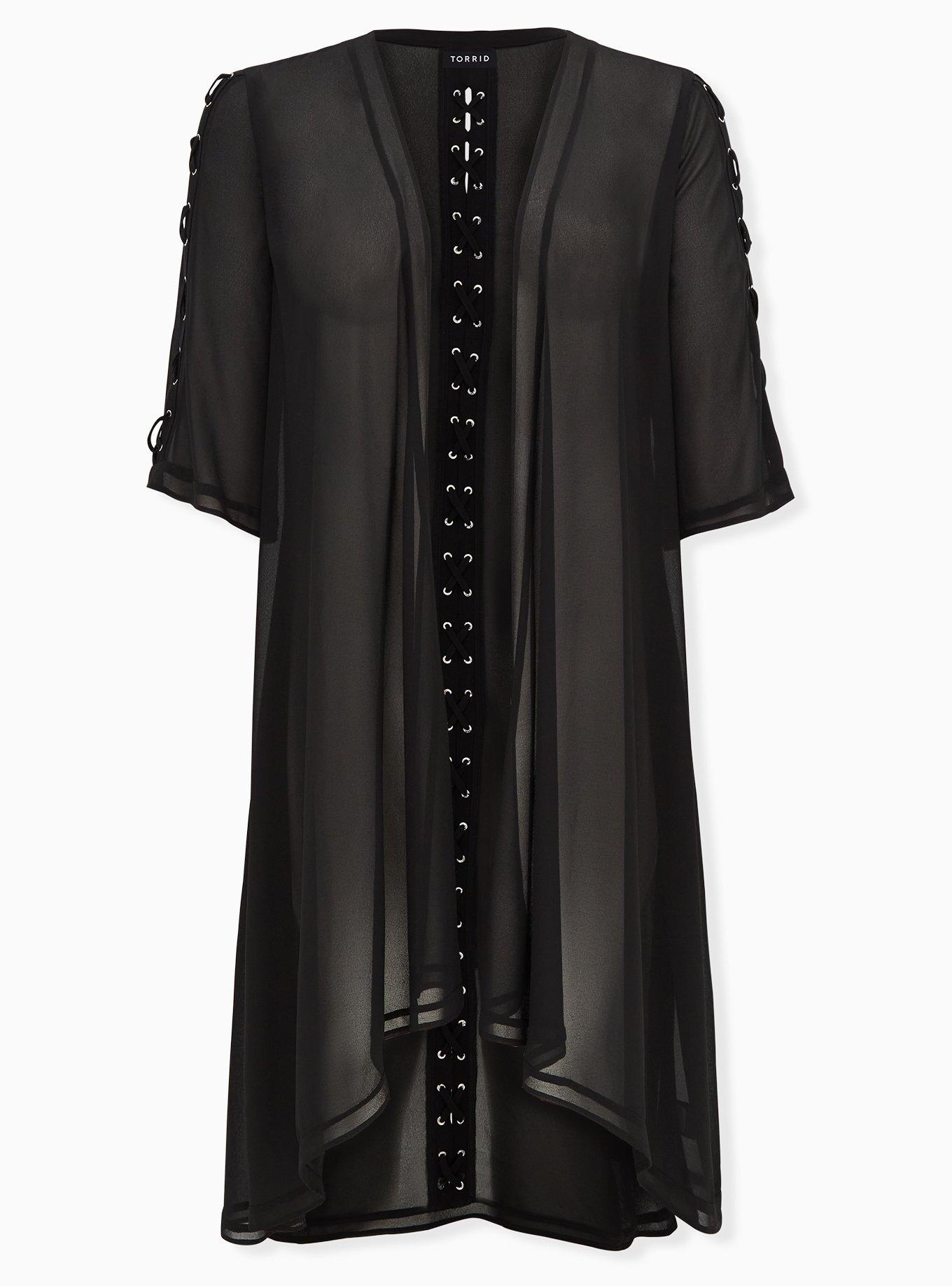 Plus Size Black Chiffon Lace-Up Hi-Lo Duster Kimono, , hi-res