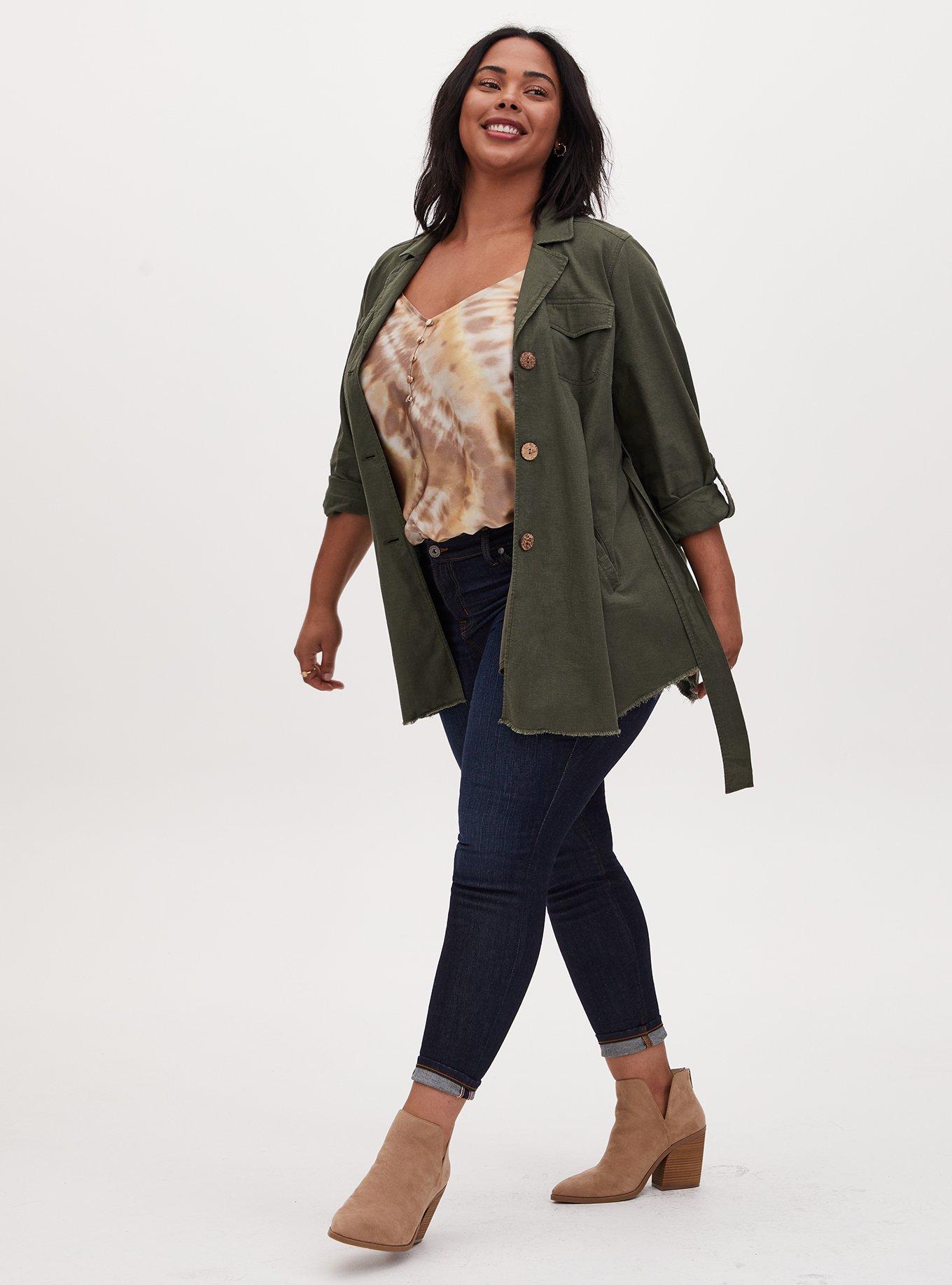 Plus Size Olive Green Linen Self Tie Anorak, DEEP DEPTHS, alternate