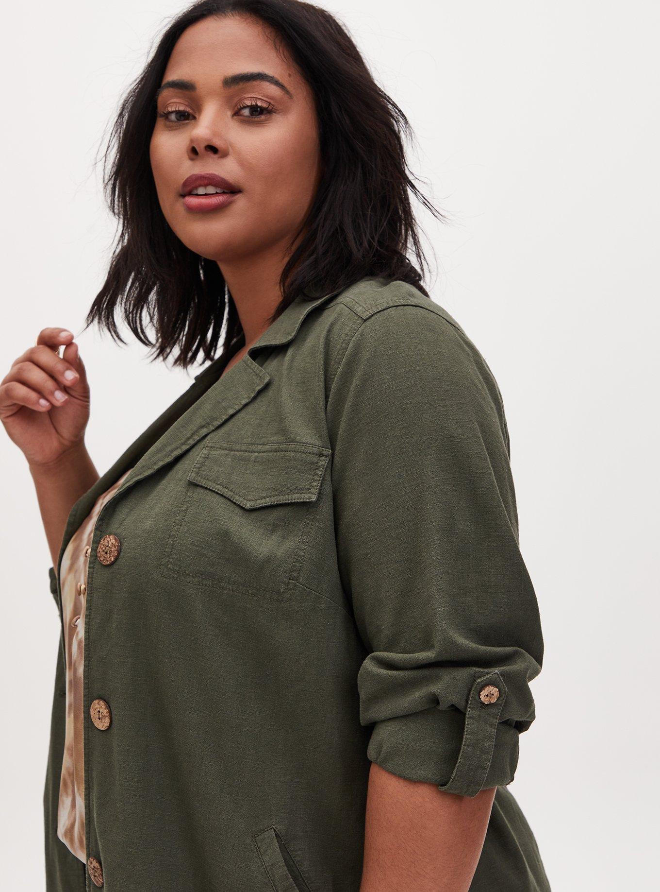 Plus Size Olive Green Linen Self Tie Anorak, DEEP DEPTHS, alternate