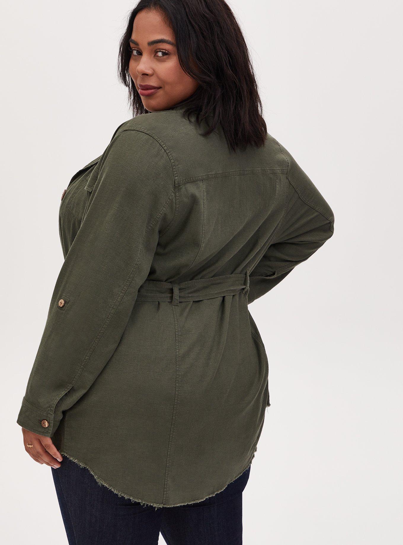 Plus Size Olive Green Linen Self Tie Anorak, DEEP DEPTHS, alternate