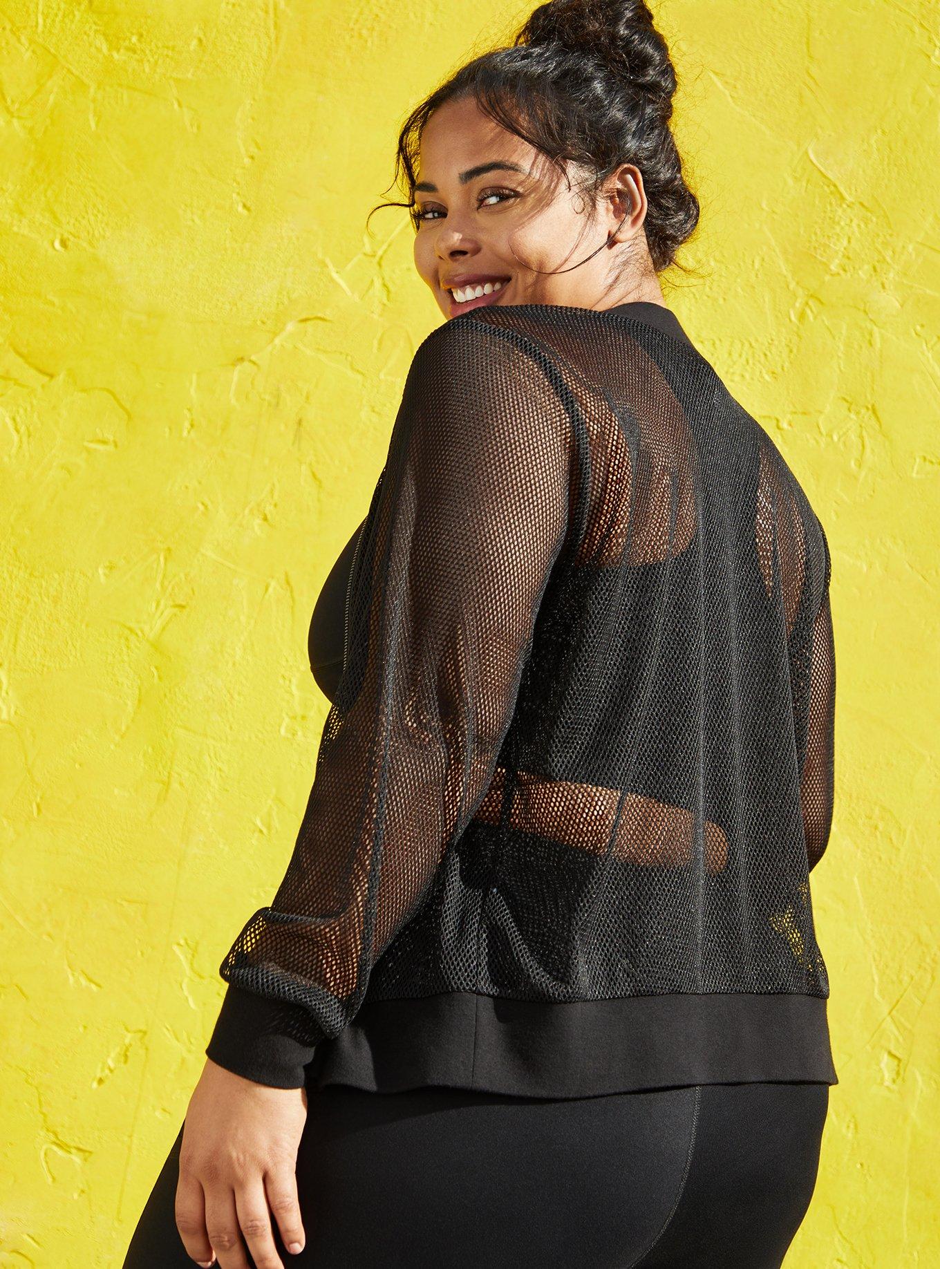 Plus Size Black Sheer Mesh Bomber Jacket, DEEP BLACK, alternate