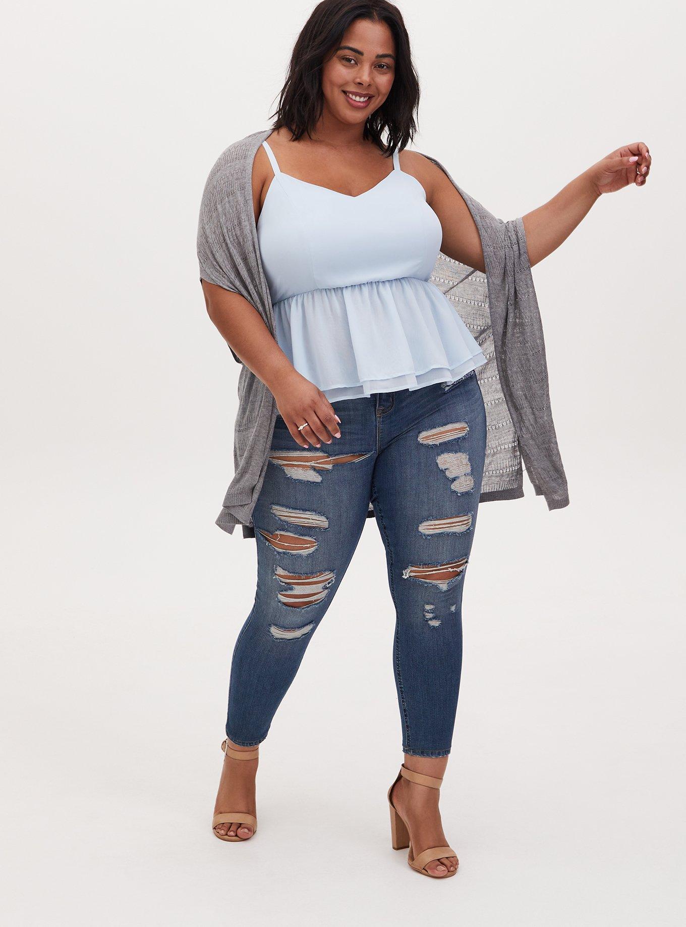 Plus Size Pointelle Kimono Cardigan Open Front Sweater, HEATHER GREY, alternate