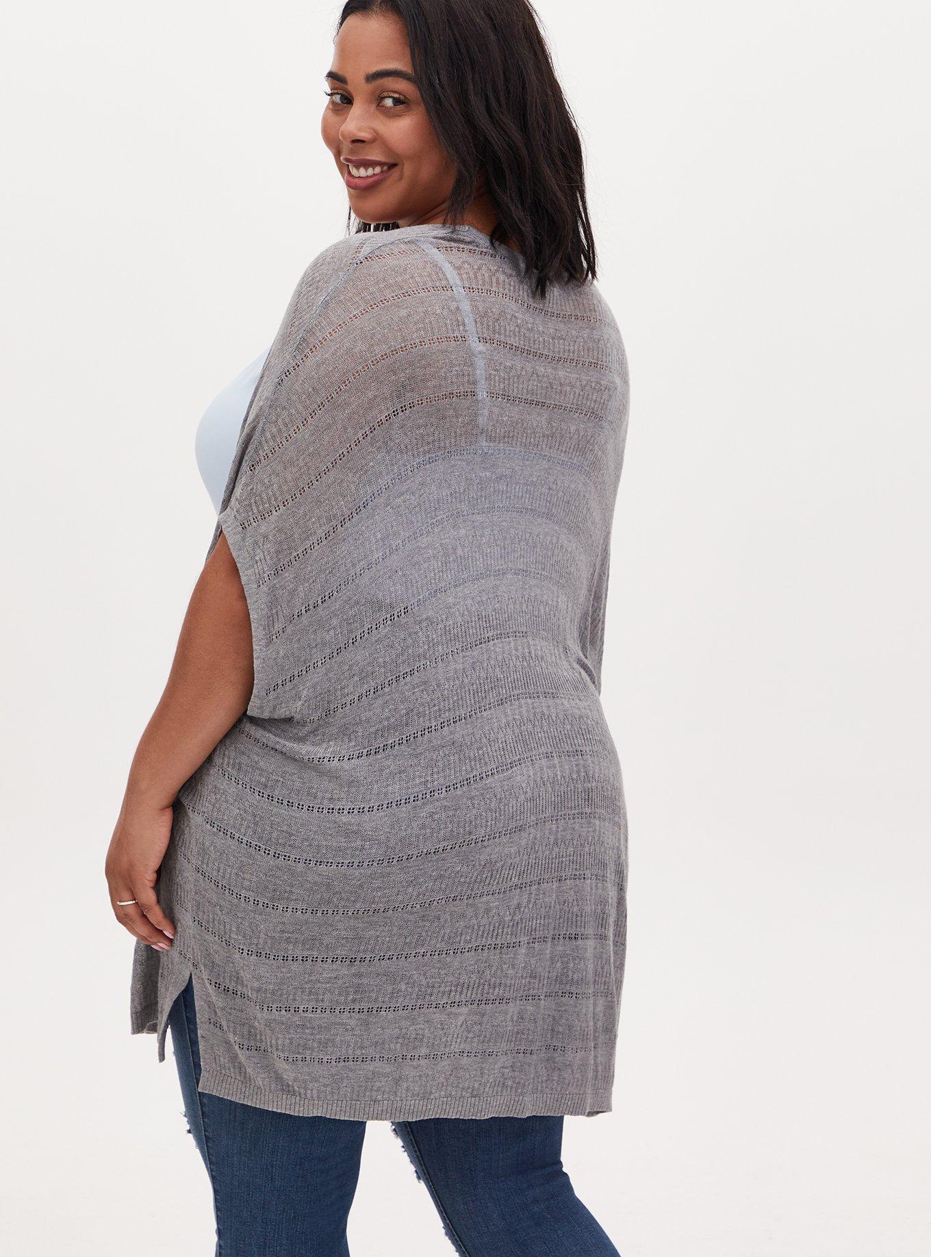 Plus Size Pointelle Kimono Cardigan Open Front Sweater, HEATHER GREY, alternate