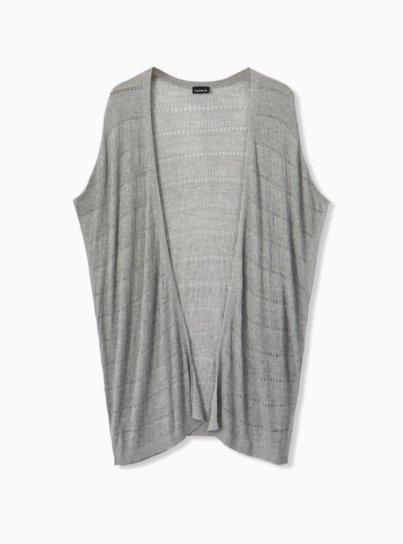 Plus Size Pointelle Kimono Cardigan Open Front Sweater, HEATHER GREY, alternate