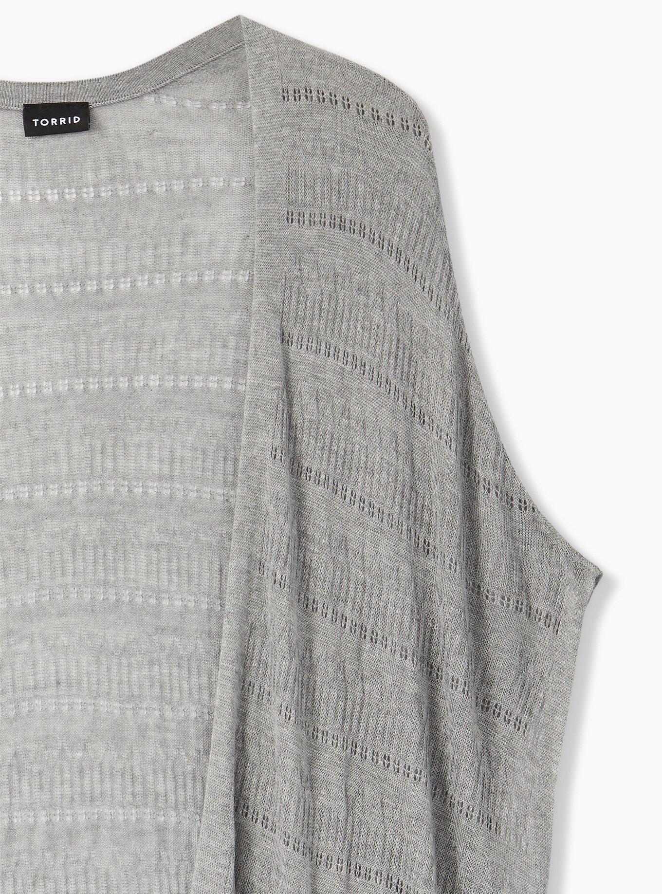 Plus Size Pointelle Kimono Cardigan Open Front Sweater, HEATHER GREY, alternate