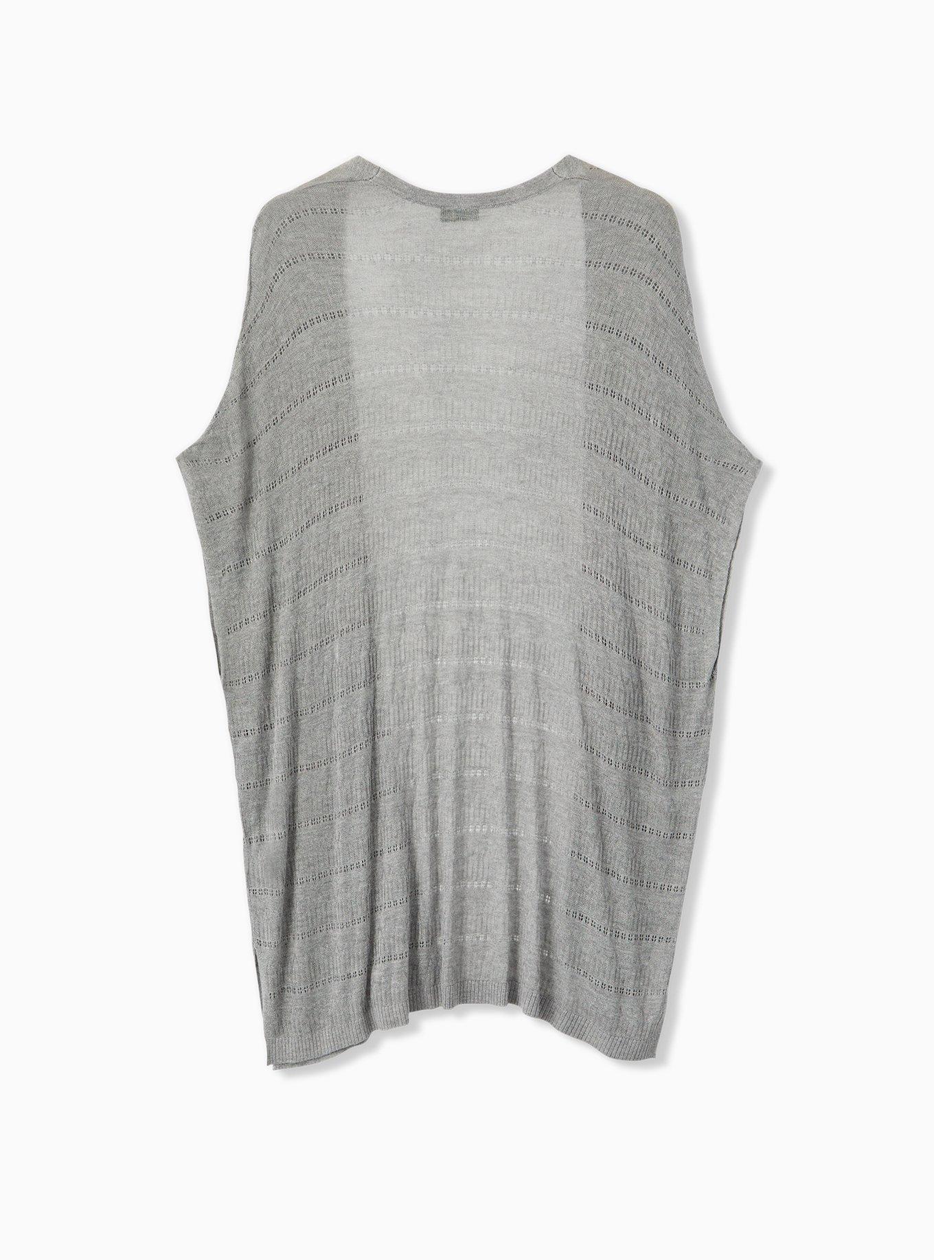 Plus Size Pointelle Kimono Cardigan Open Front Sweater, HEATHER GREY, alternate