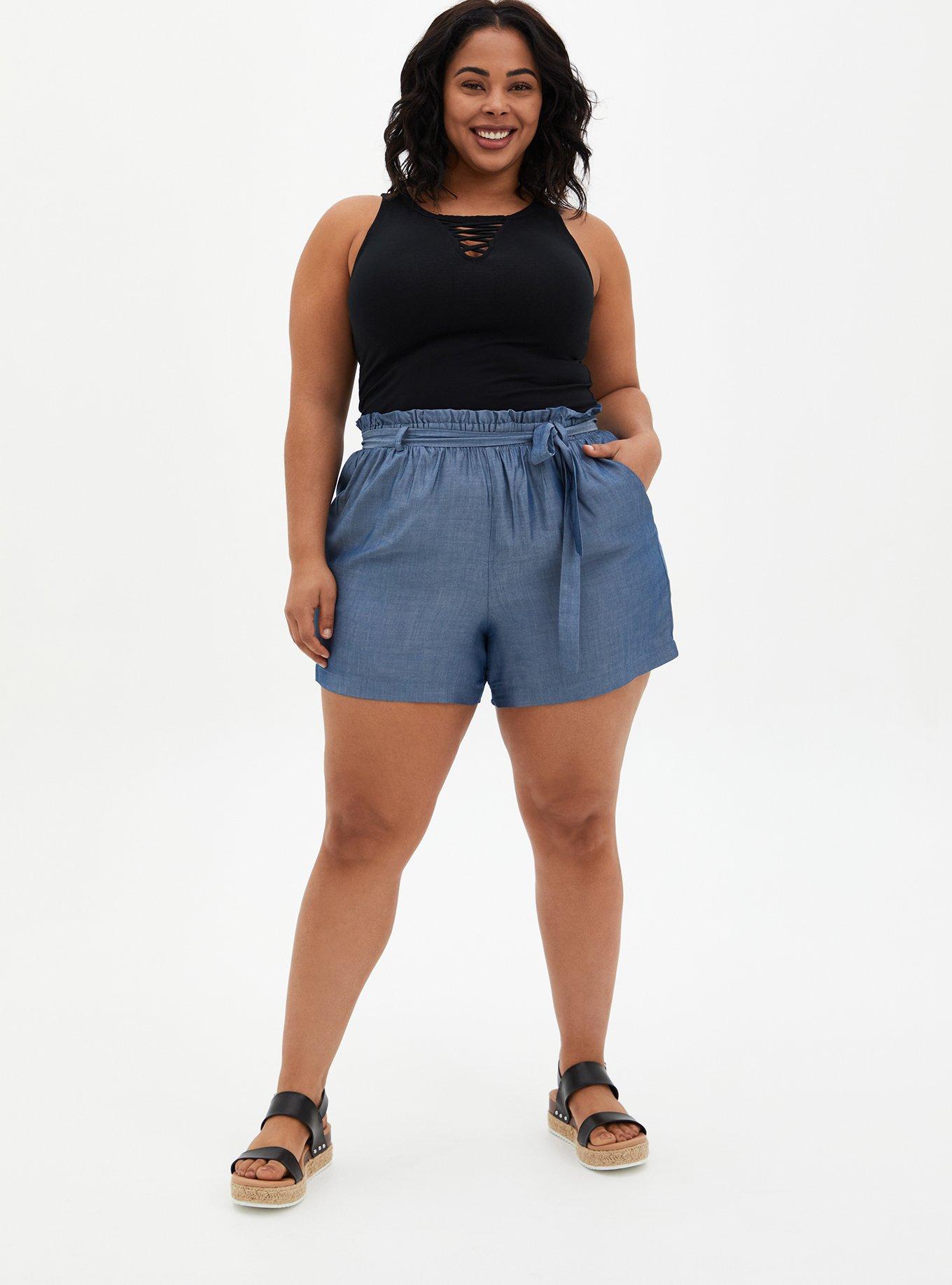 Plus Size Denim Paper Bag Shorts - Plus Size Denim Shorts - Plus