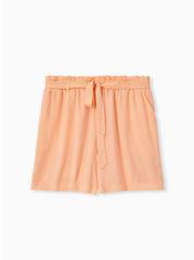 5 Inch Pull-On Stretch Challis Mid-Rise Tie-Front Paperbag Waist Short, PEACH NECTAR, hi-res