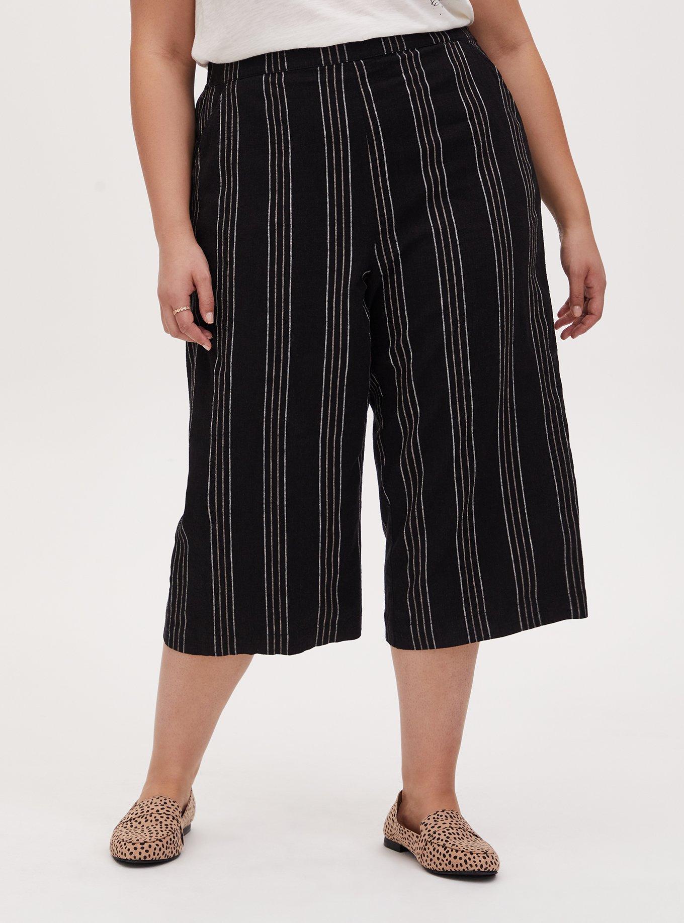 Plus Size Black Pinstripe Linen Culotte Pant, STRIPE, hi-res