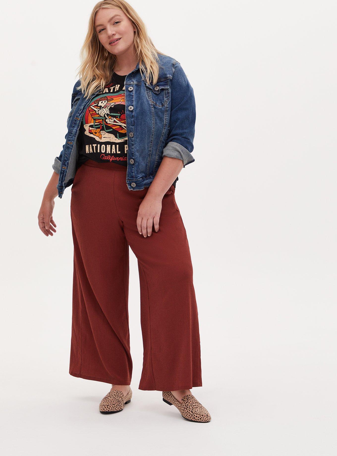 Brick Red Textured Rib Pull-On Wide Leg Pant, , hi-res