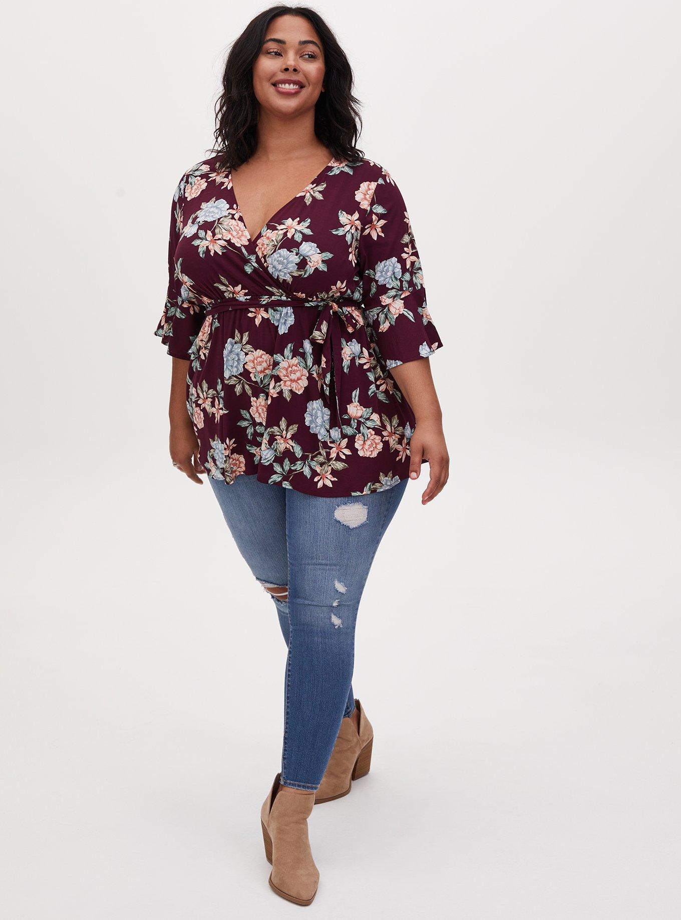 Plus Size Stretch Challis Surplice Top, FLORAL PURPLE, alternate