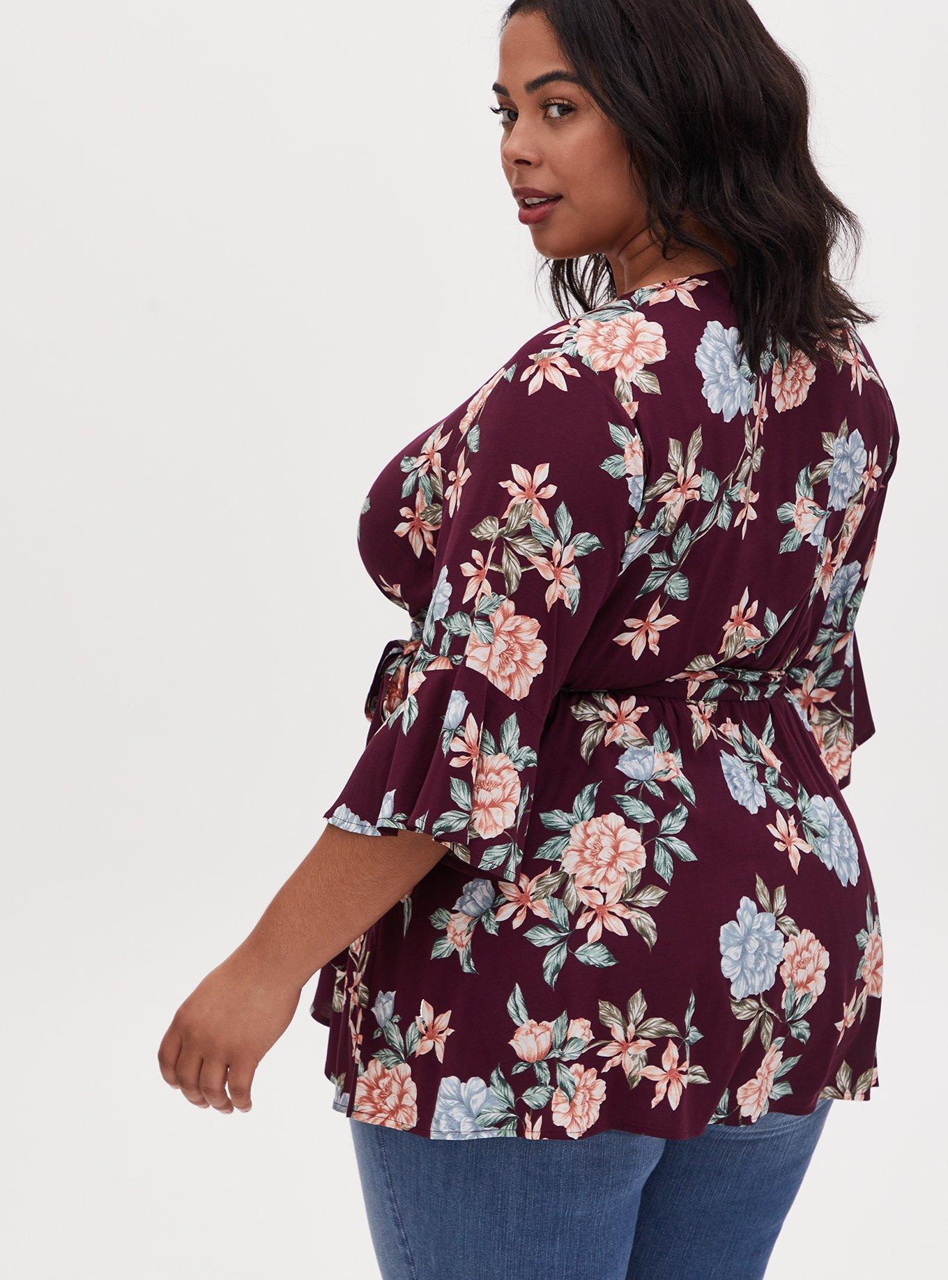 Plus Size Stretch Challis Surplice Top, FLORAL PURPLE, alternate