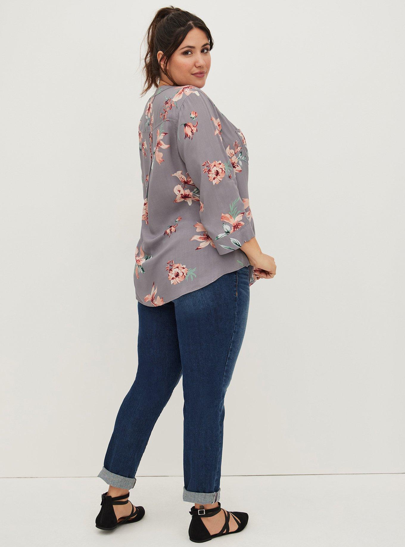 Plus Size Harper - Slate Grey Floral Challis Pullover Blouse, FLORAL GREY, alternate