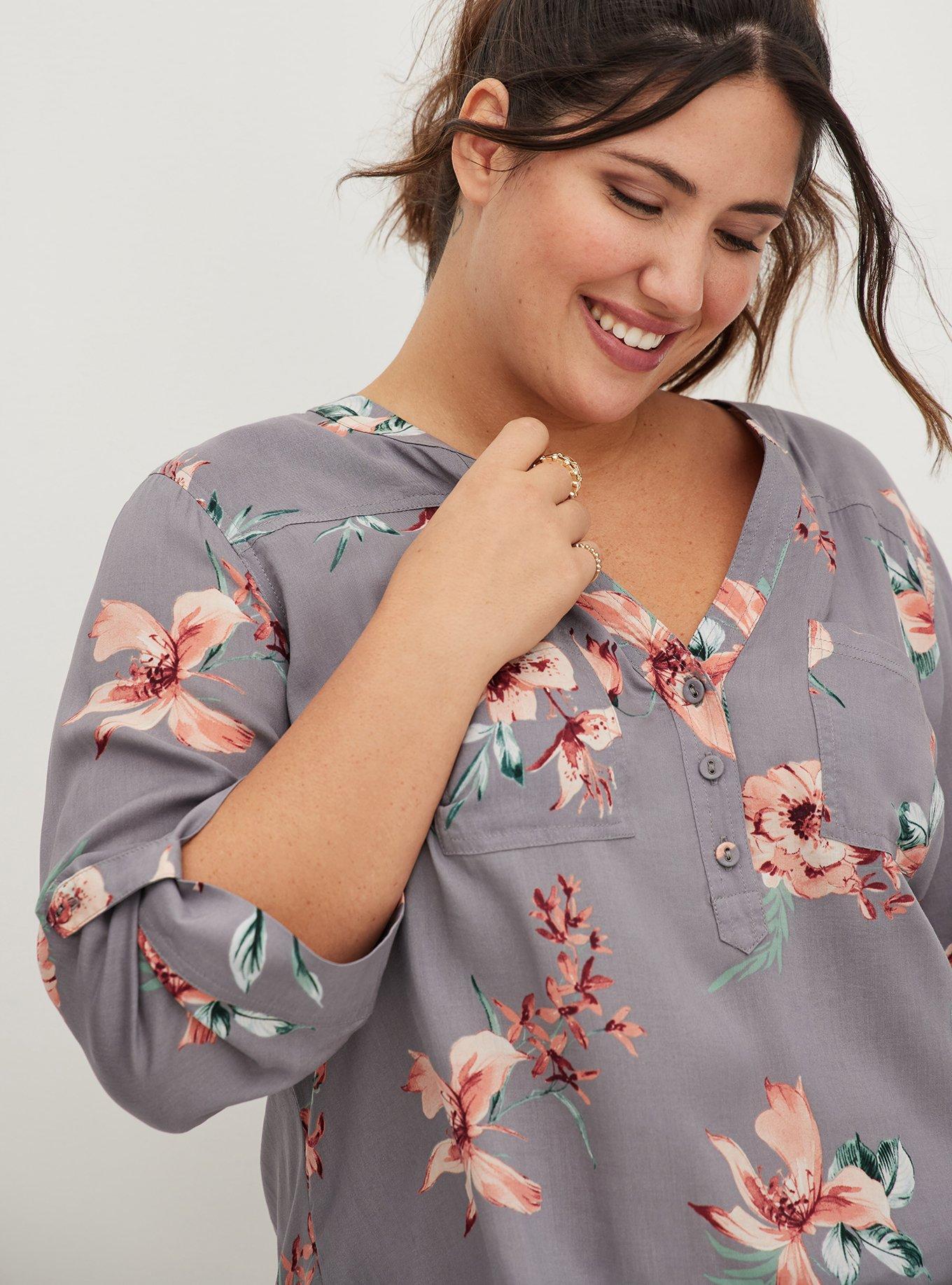 Plus Size Harper - Slate Grey Floral Challis Pullover Blouse, FLORAL GREY, alternate