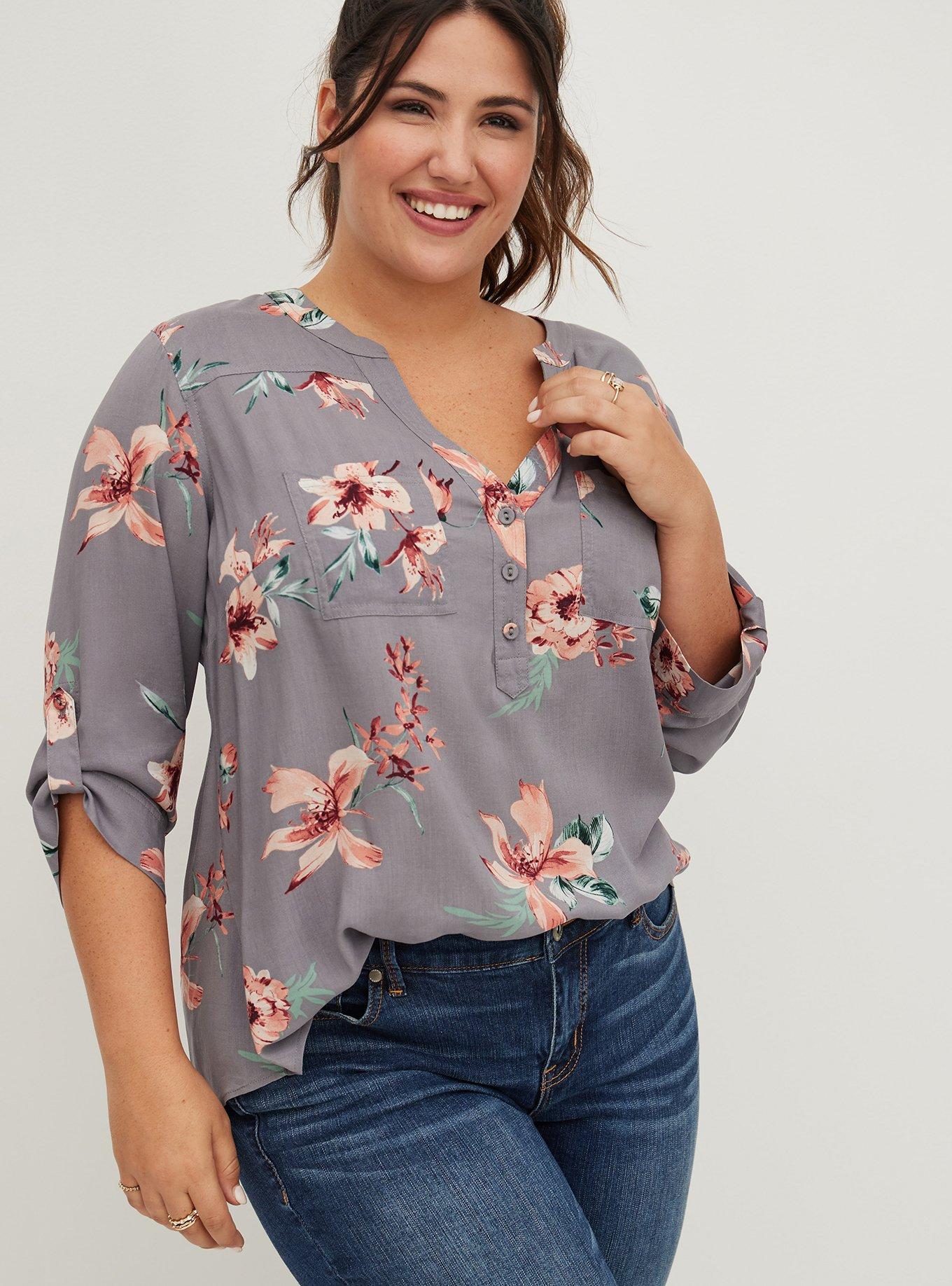 Plus Size - Harper - Slate Grey Floral Challis Pullover Blouse