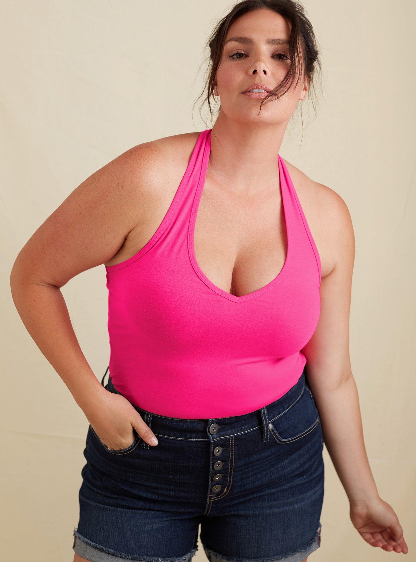 WMNS Tight Fitting Halter Top - Soft Cup V Neckline Bust - Pink