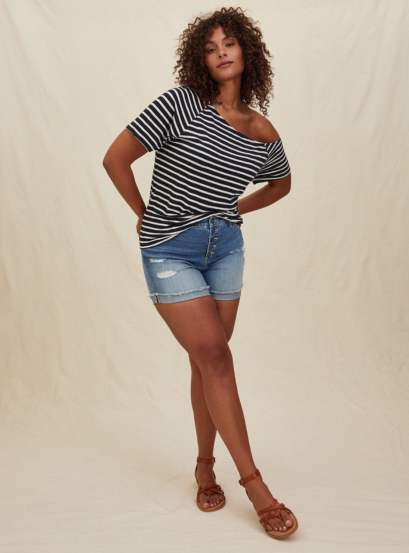 Plus Size Off-Shoulder Heritage Slub Short Sleeve Tee, BLACK WHITE STRIPE, alternate