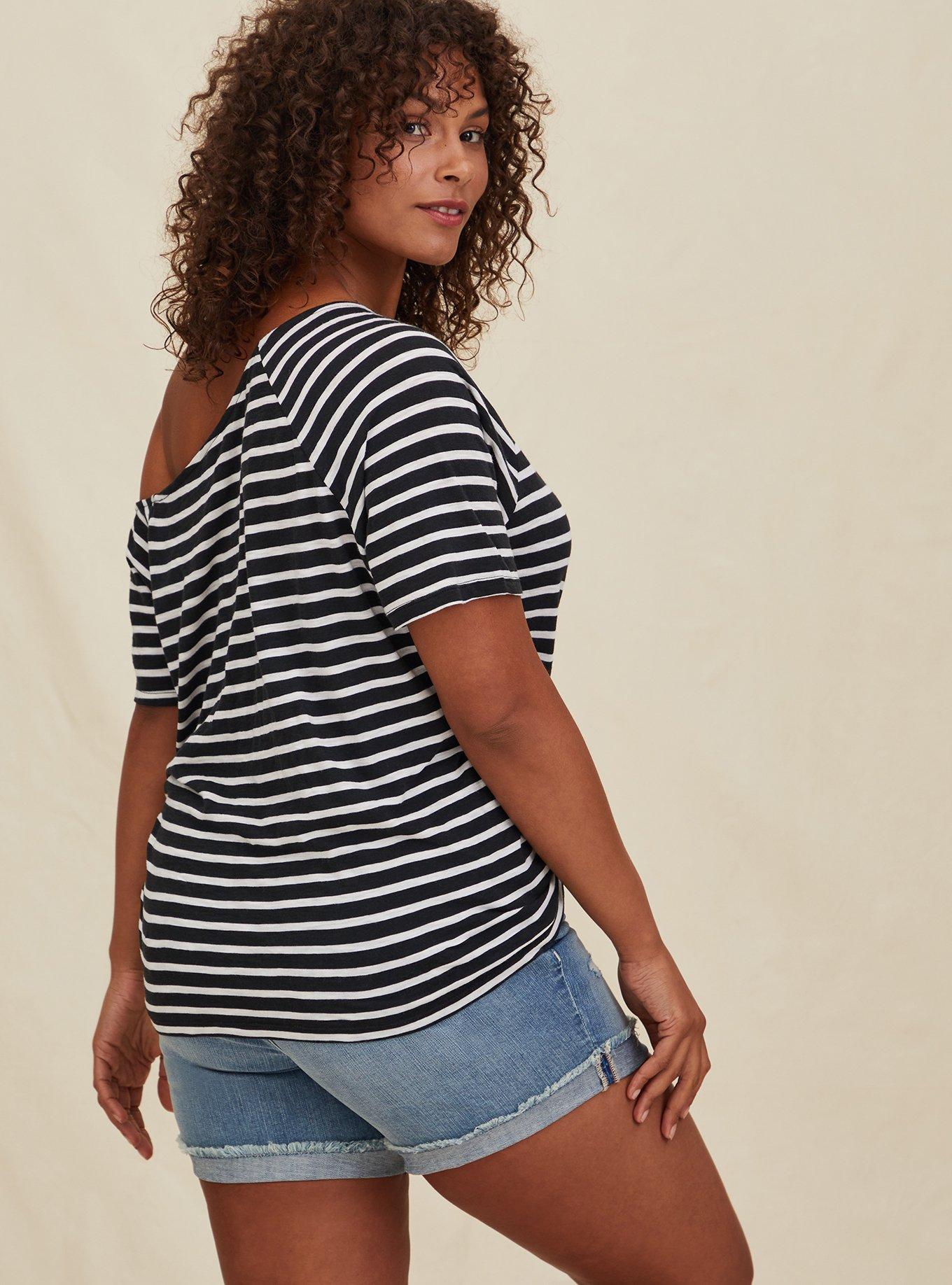 Plus Size Off-Shoulder Heritage Slub Short Sleeve Tee, BLACK WHITE STRIPE, alternate