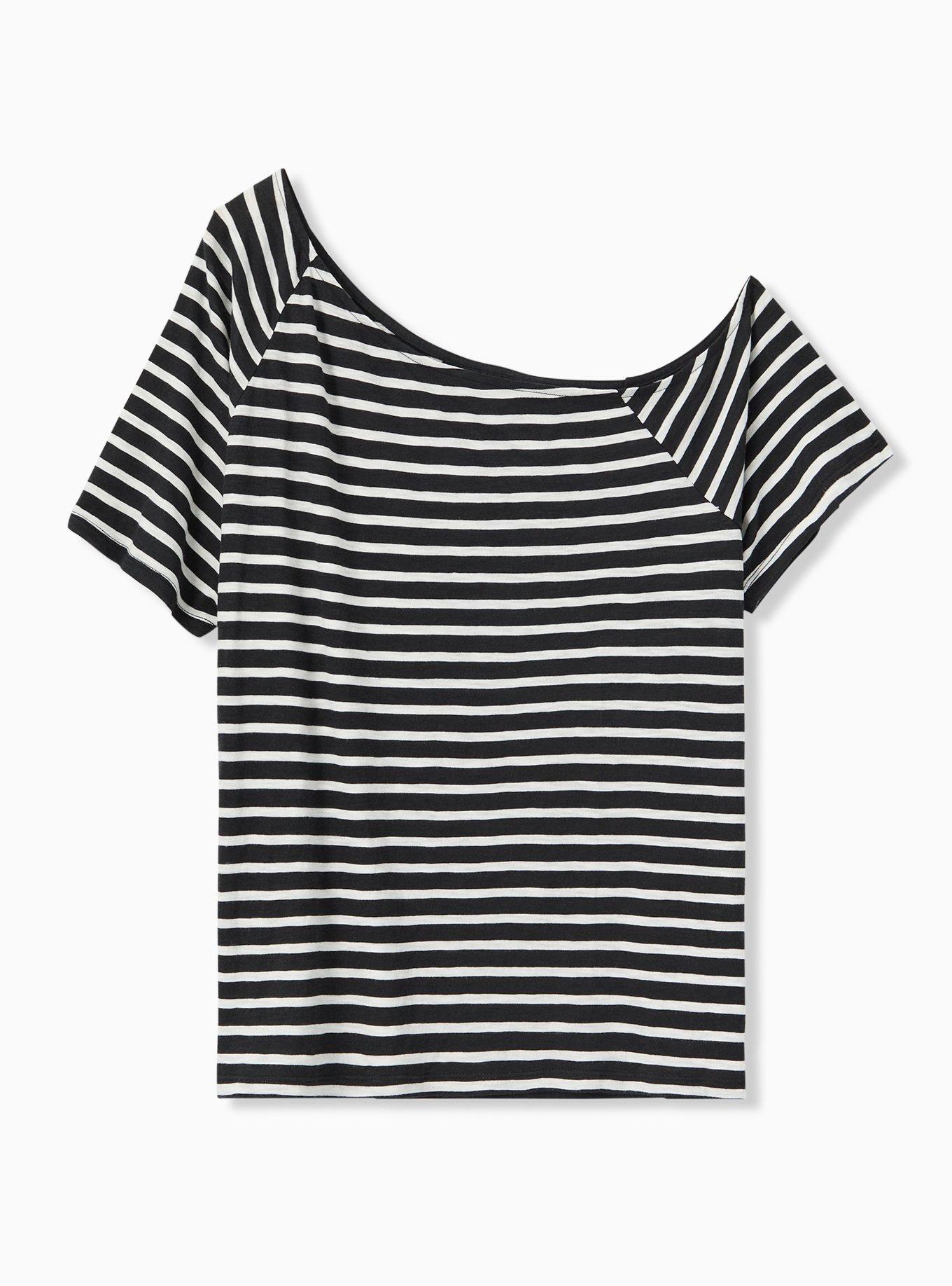 Plus Size Off-Shoulder Heritage Slub Short Sleeve Tee, BLACK WHITE STRIPE, alternate