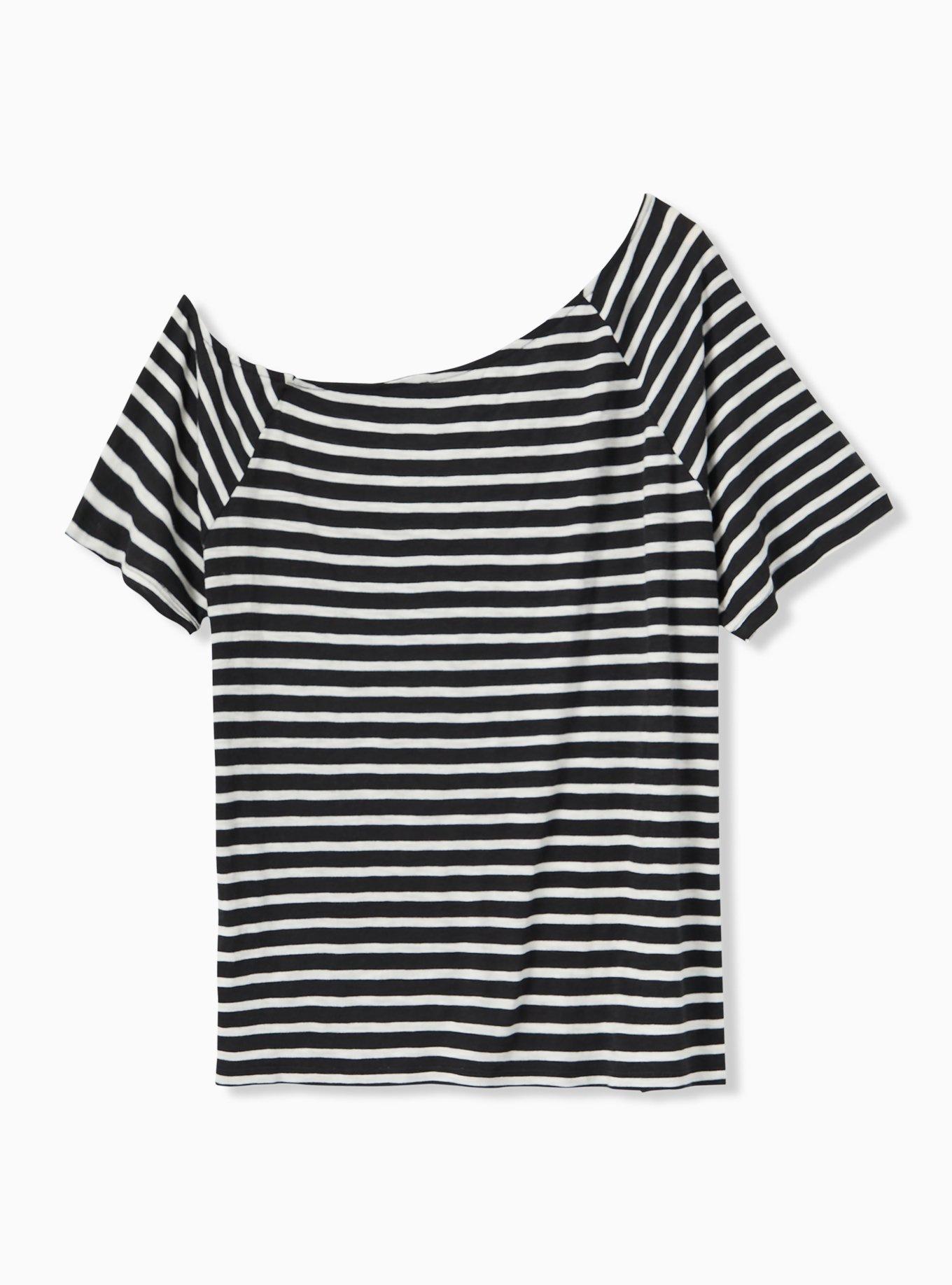 Plus Size Off-Shoulder Heritage Slub Short Sleeve Tee, BLACK WHITE STRIPE, alternate