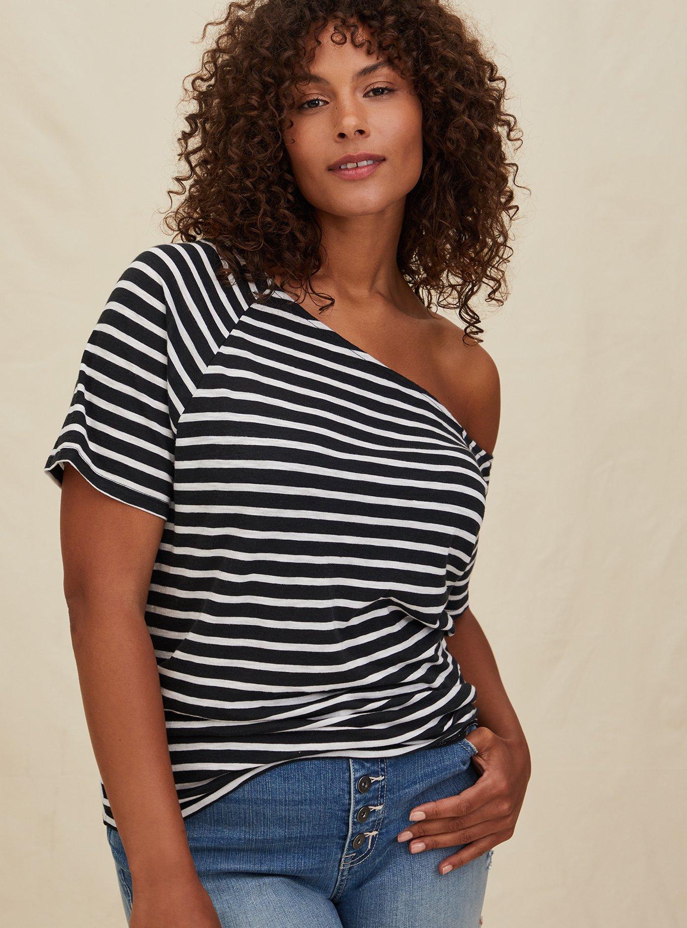 Plus Size Off-Shoulder Heritage Slub Short Sleeve Tee, BLACK WHITE STRIPE, hi-res