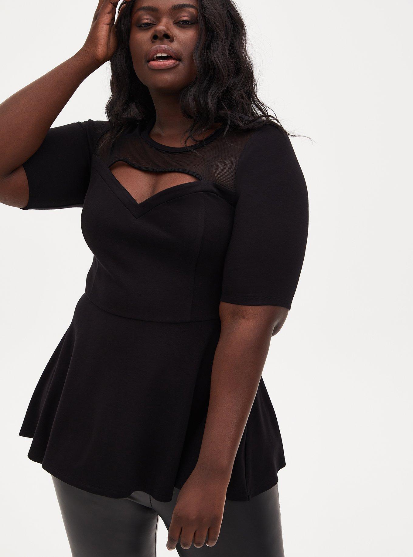 Plus Size - Black Ponte & Mesh Cutout Peplum Top - Torrid